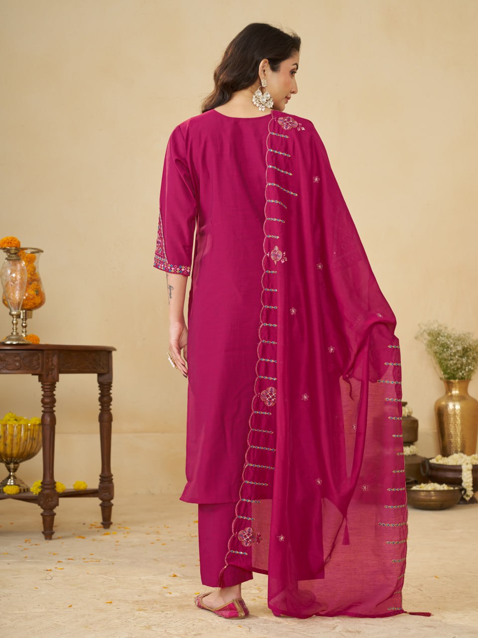 Rani Pink Marina Silk Embroidered Kurti Pant Set with Maslin Dupatta