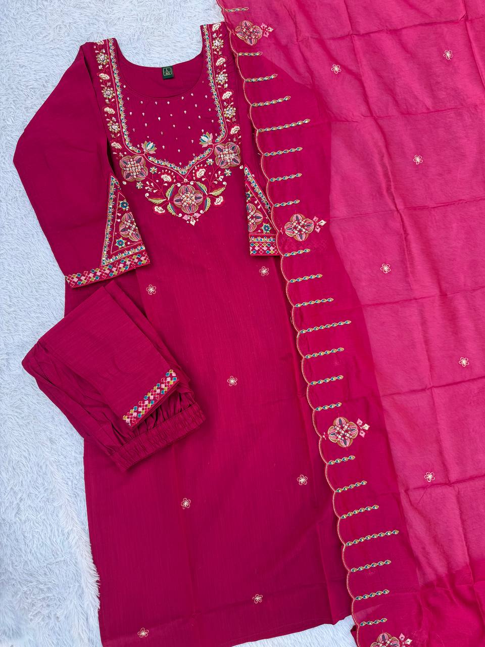 Rani Pink Marina Silk Embroidered Kurti Pant Set with Maslin Dupatta