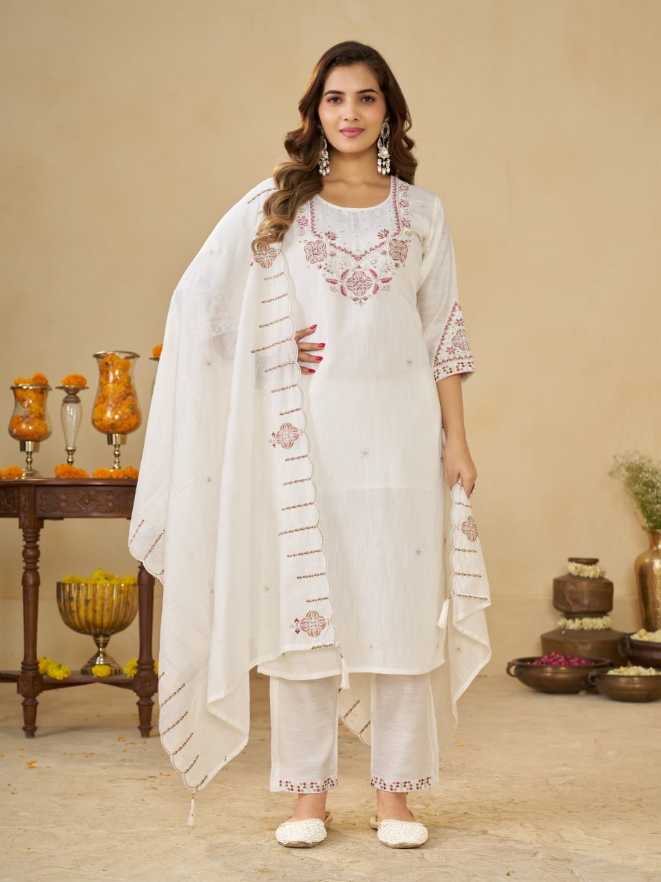 White Marina Silk Embroidered Kurti Pant Set with Maslin Dupatta