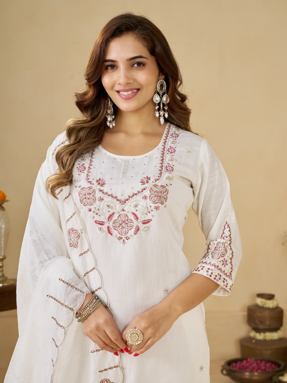 White Marina Silk Embroidered Kurti Pant Set with Maslin Dupatta