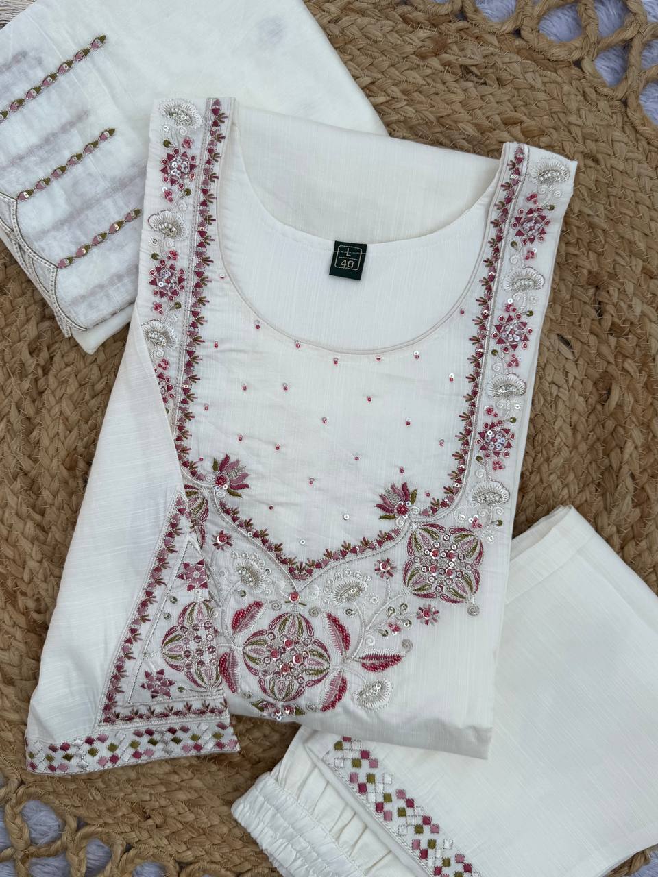White Marina Silk Embroidered Kurti Pant Set with Maslin Dupatta