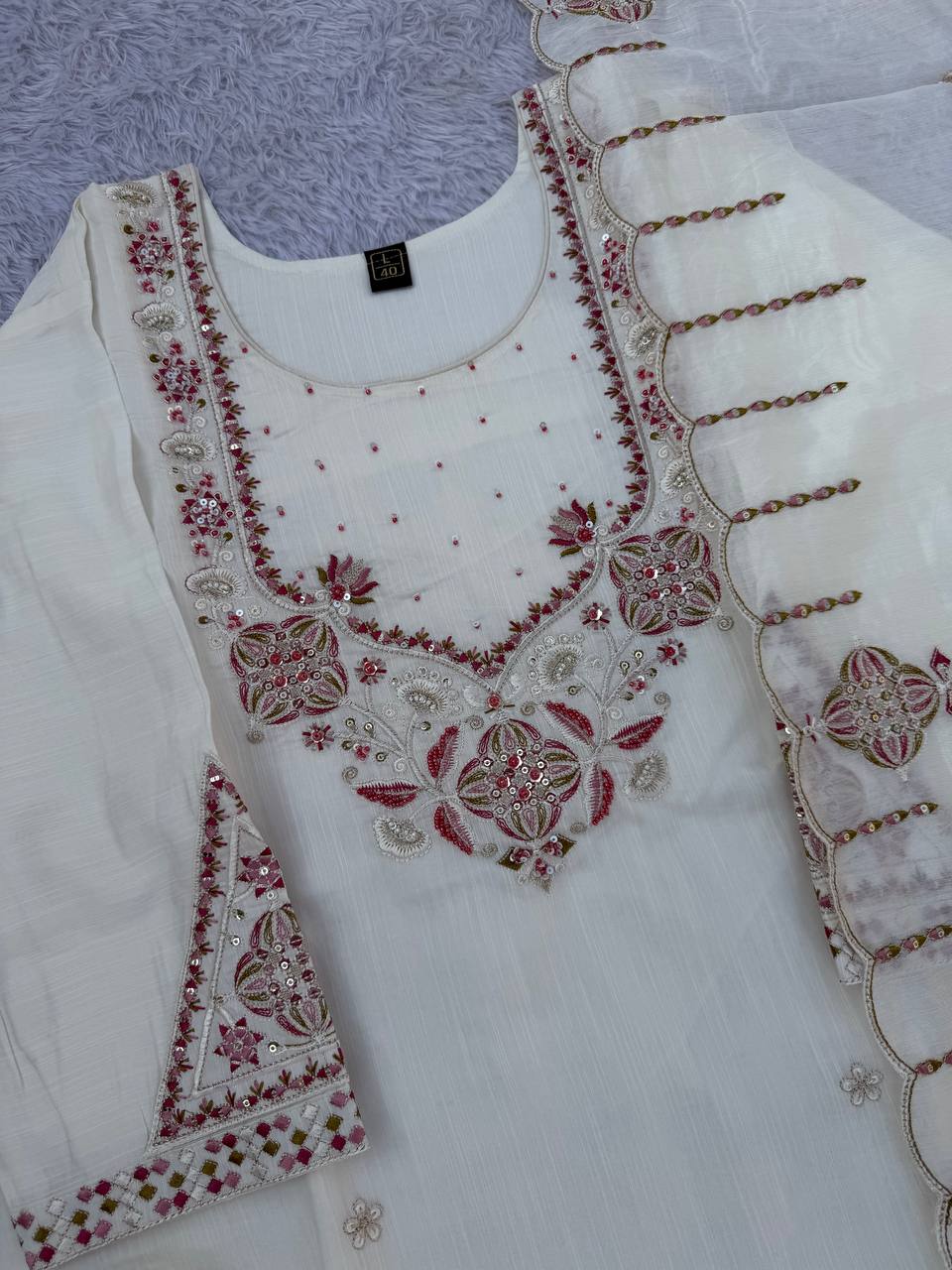 White Marina Silk Embroidered Kurti Pant Set with Maslin Dupatta