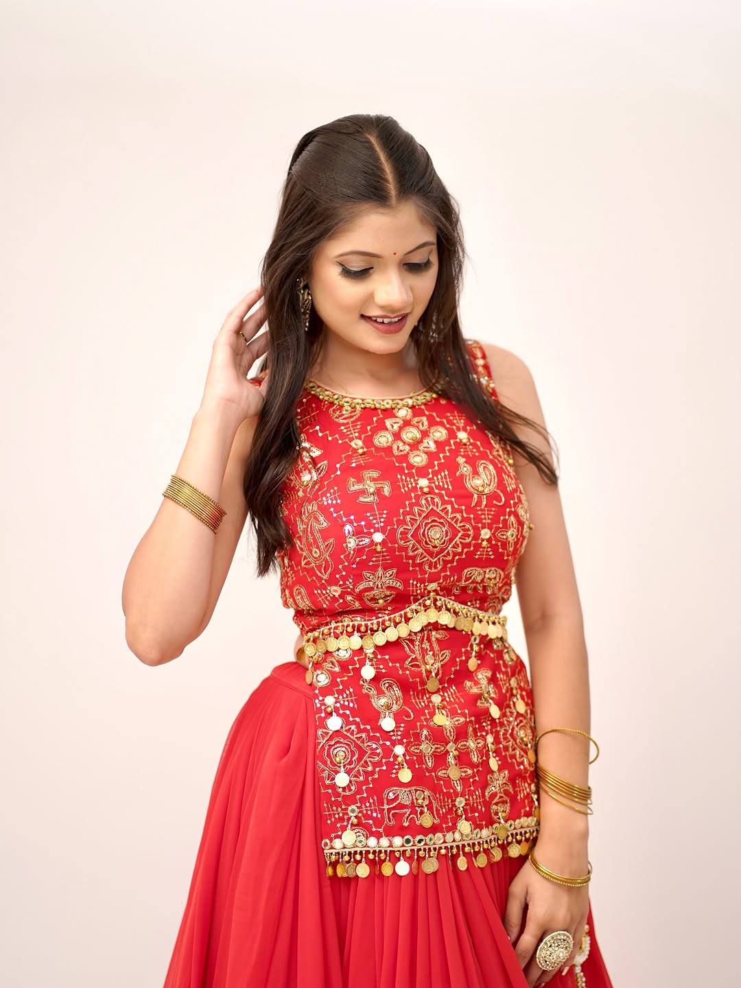 Bridal Red Faux Georgette Lehenga Choli with Mirror Lace & Embroidered Blouse