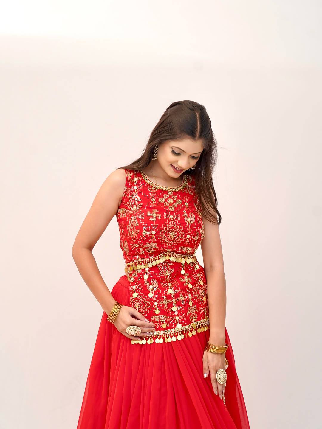 Bridal Red Faux Georgette Lehenga Choli with Mirror Lace & Embroidered Blouse