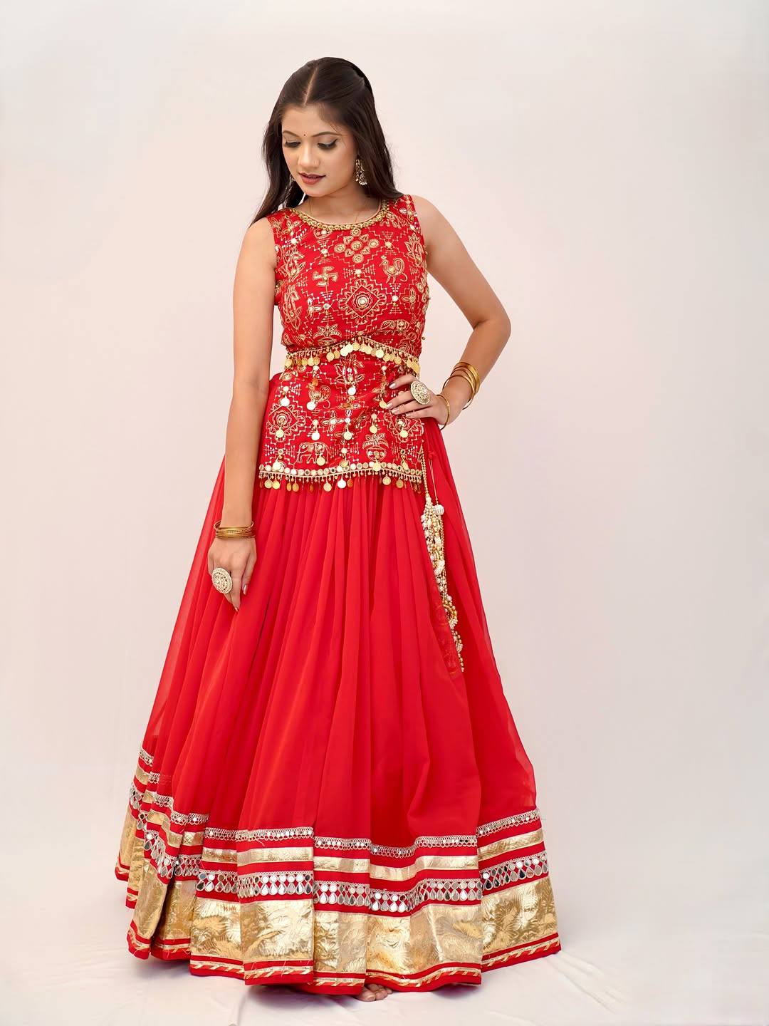 Bridal Red Faux Georgette Lehenga Choli with Mirror Lace & Embroidered Blouse