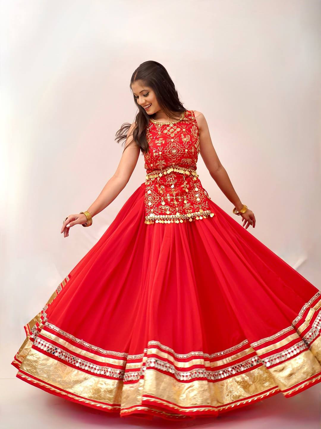 Bridal Red Faux Georgette Lehenga Choli with Mirror Lace & Embroidered Blouse