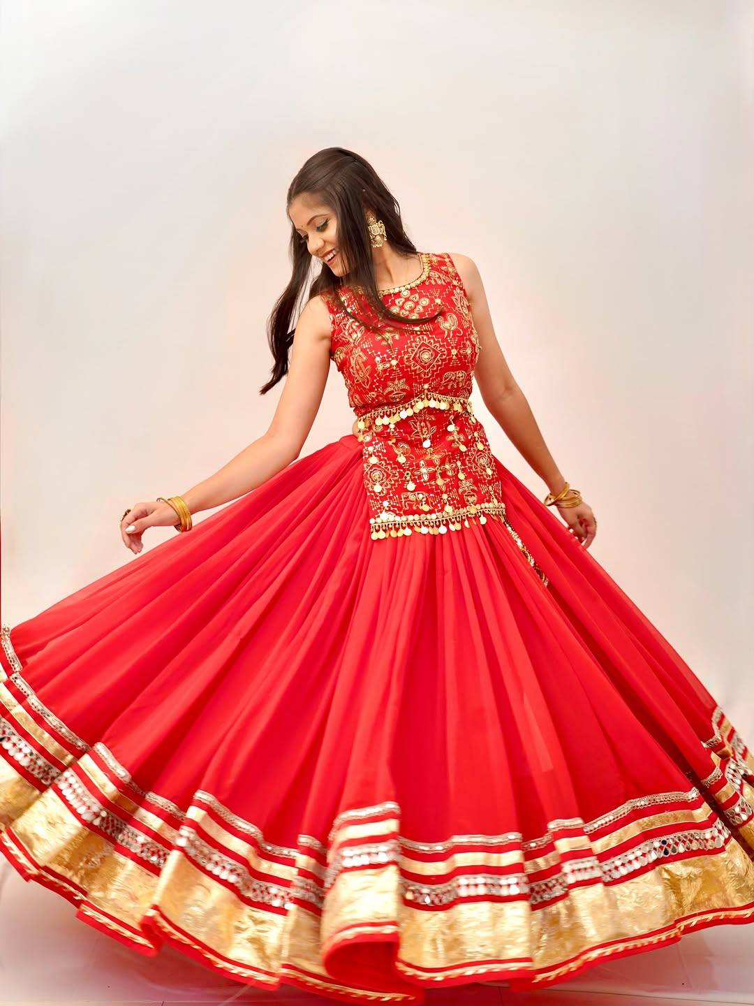 Bridal Red Faux Georgette Lehenga Choli with Mirror Lace & Embroidered Blouse