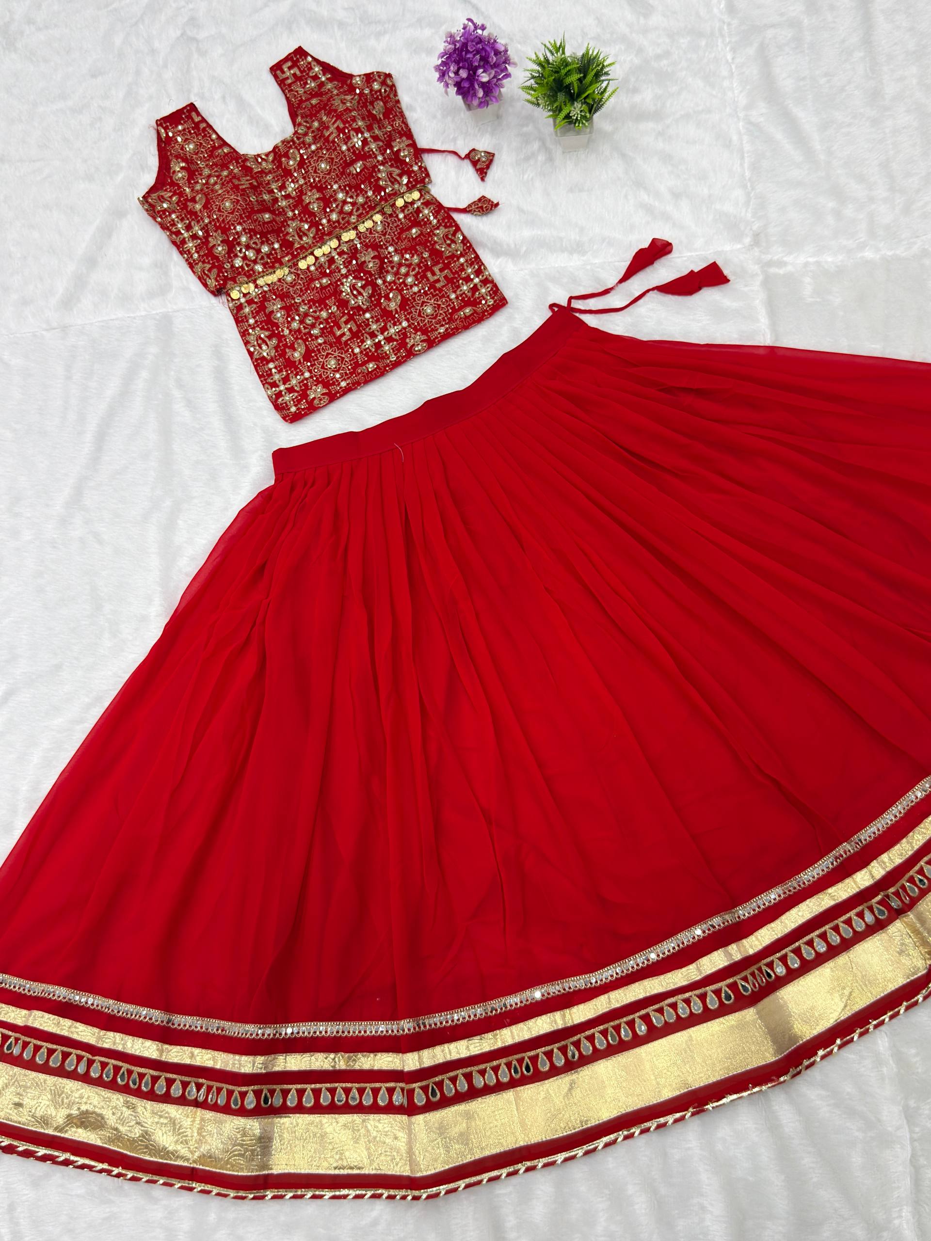 Bridal Red Faux Georgette Lehenga Choli with Mirror Lace & Embroidered Blouse