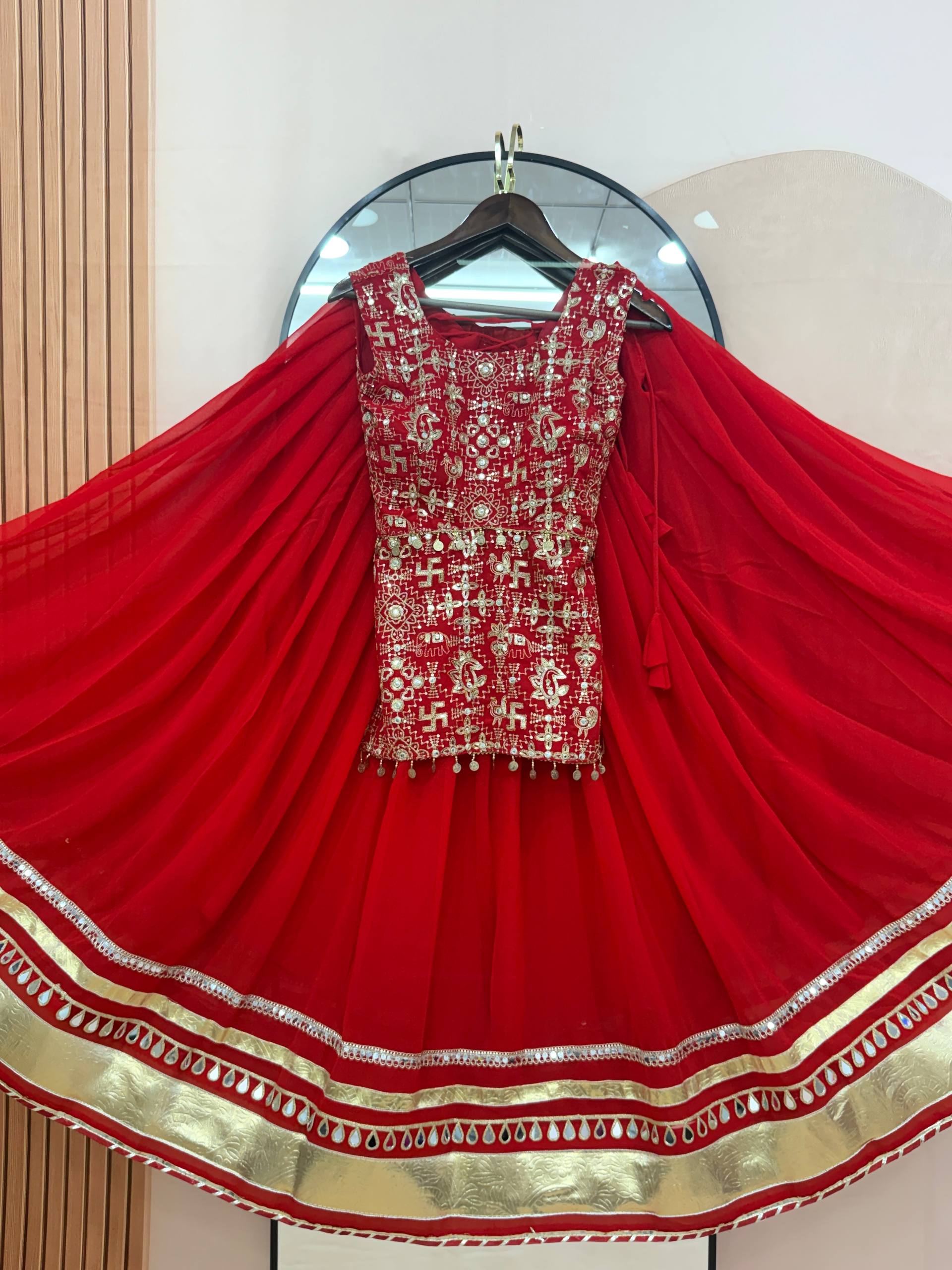 Bridal Red Faux Georgette Lehenga Choli with Mirror Lace & Embroidered Blouse