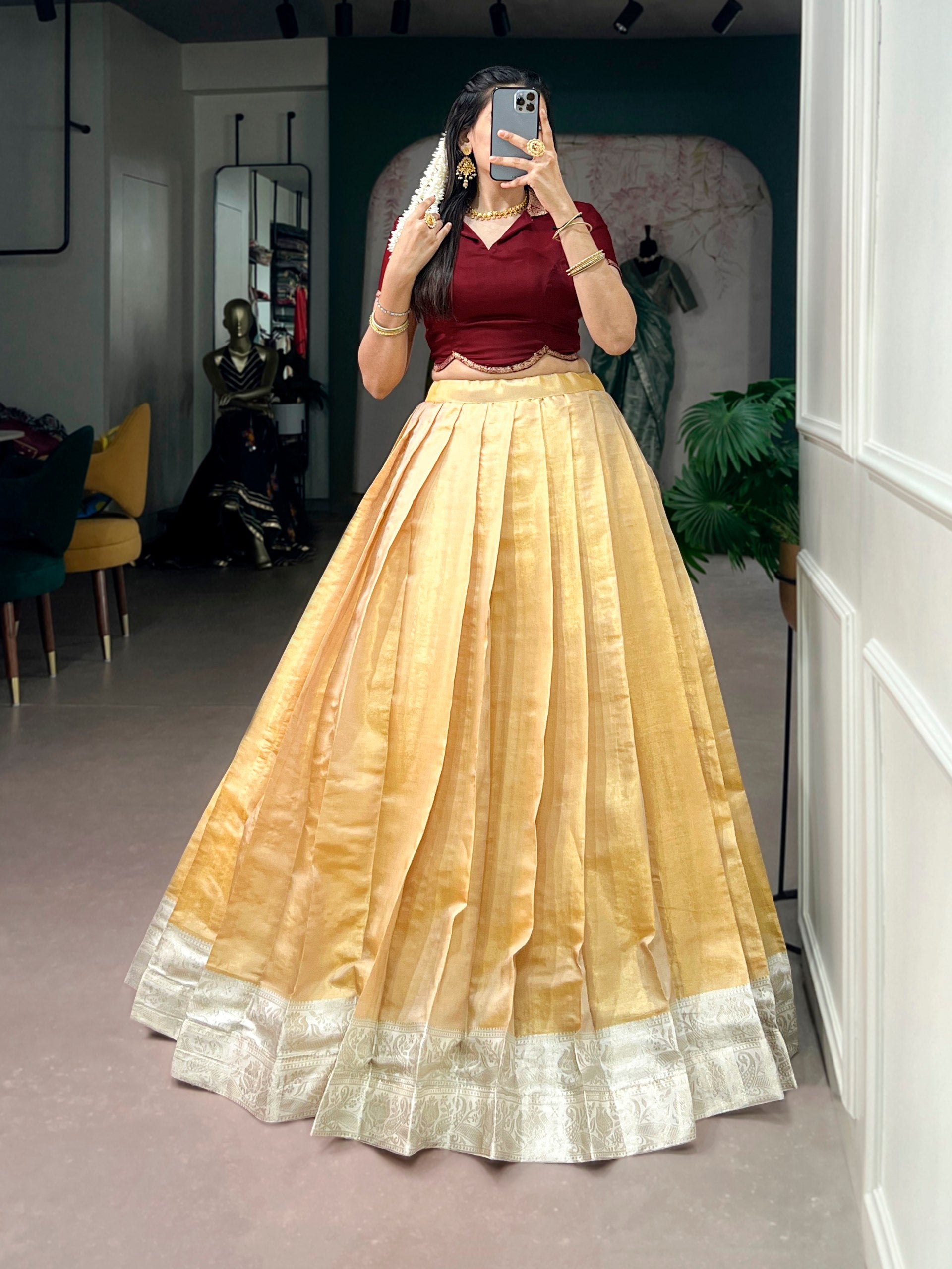 Champagne Gold Kanchipuram Silk Onam Pavada Lehenga with Satin Silk Blouse