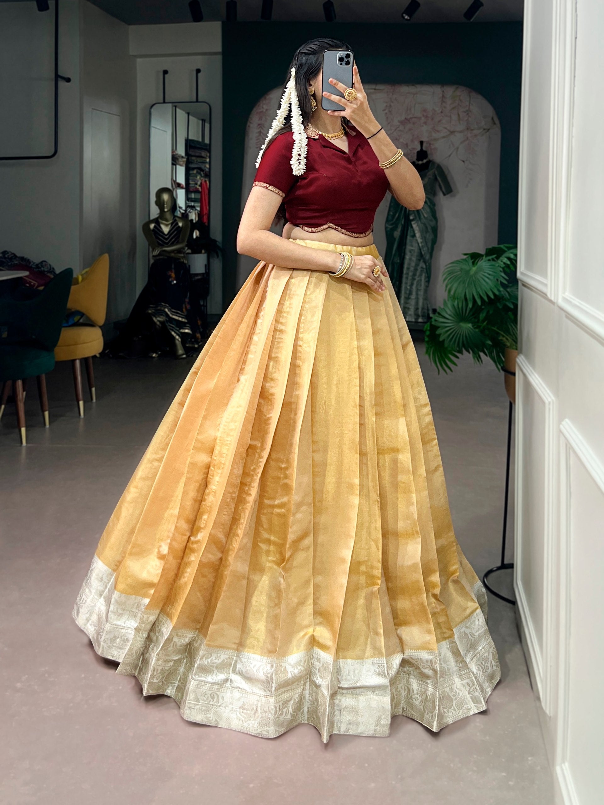 Champagne Gold Kanchipuram Silk Onam Pavada Lehenga with Satin Silk Blouse