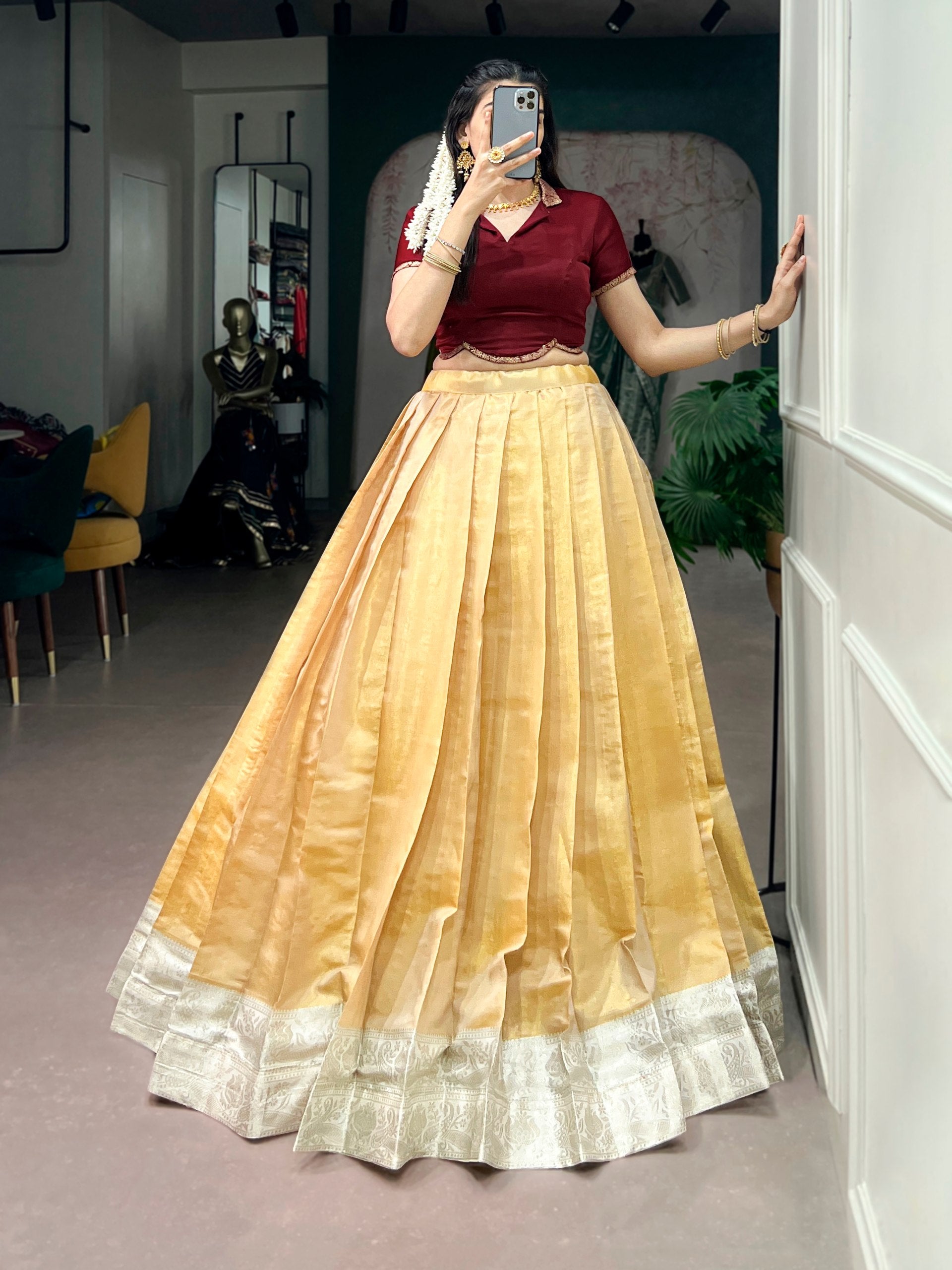 Champagne Gold Kanchipuram Silk Onam Pavada Lehenga with Satin Silk Blouse