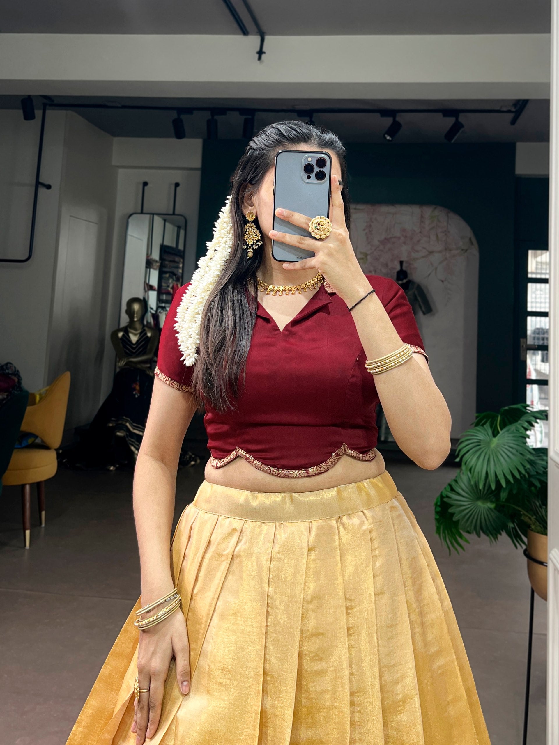 Champagne Gold Kanchipuram Silk Onam Pavada Lehenga with Satin Silk Blouse