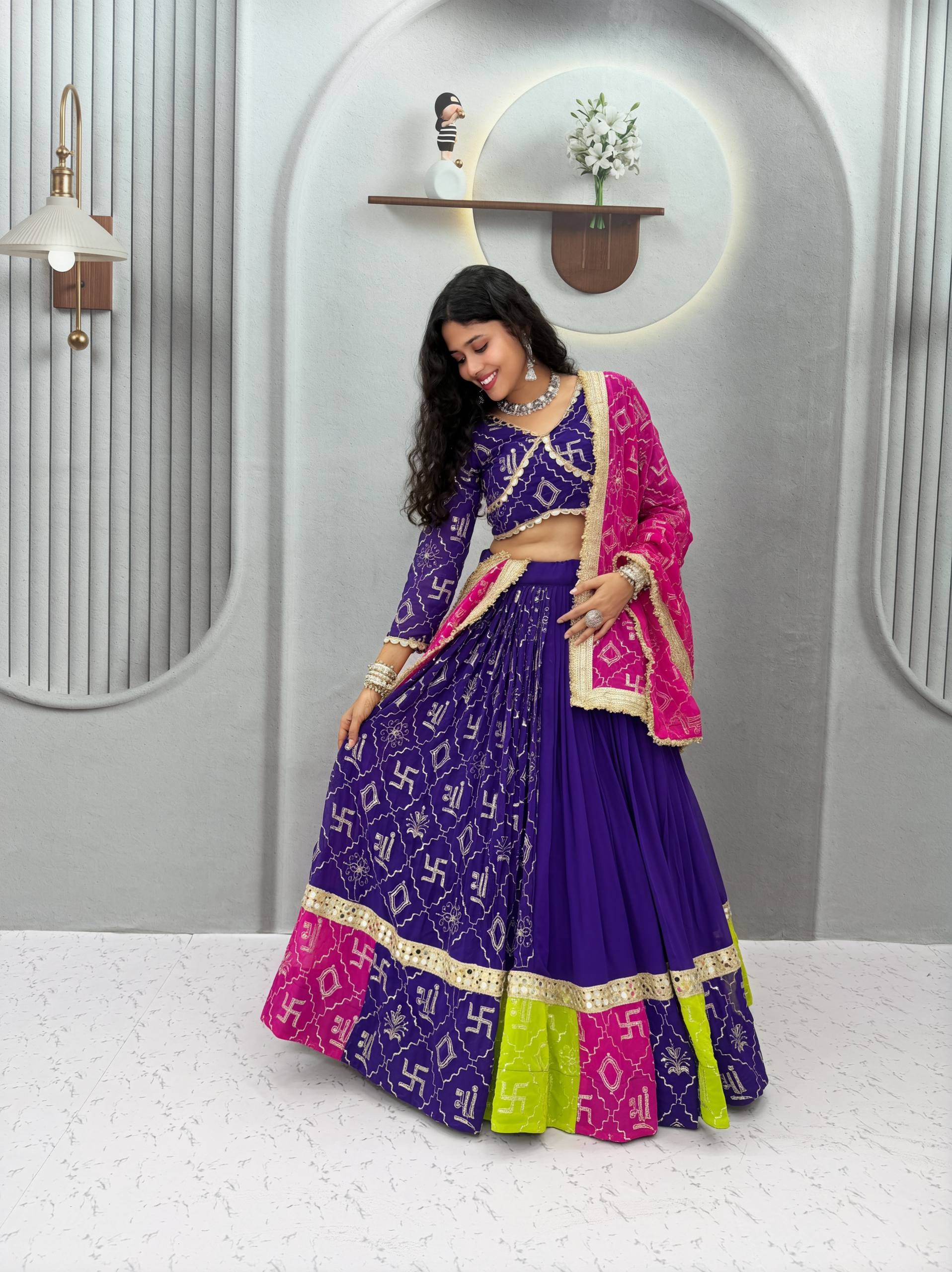 Royal Purple Navratri Lehenga Choli Set with Pink Dupatta & Mirror Lace Work