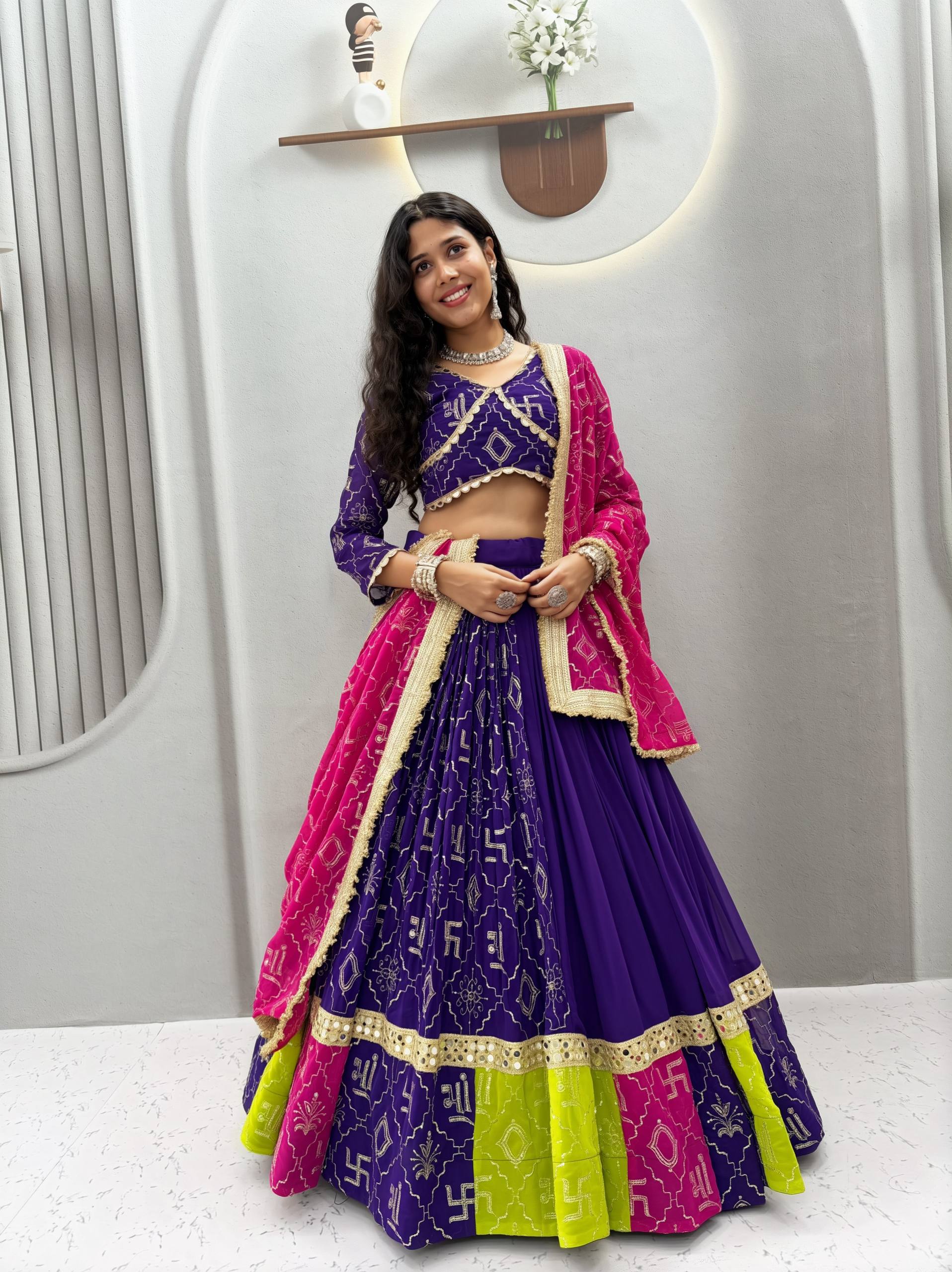 Royal Purple Navratri Lehenga Choli Set with Pink Dupatta & Mirror Lace Work