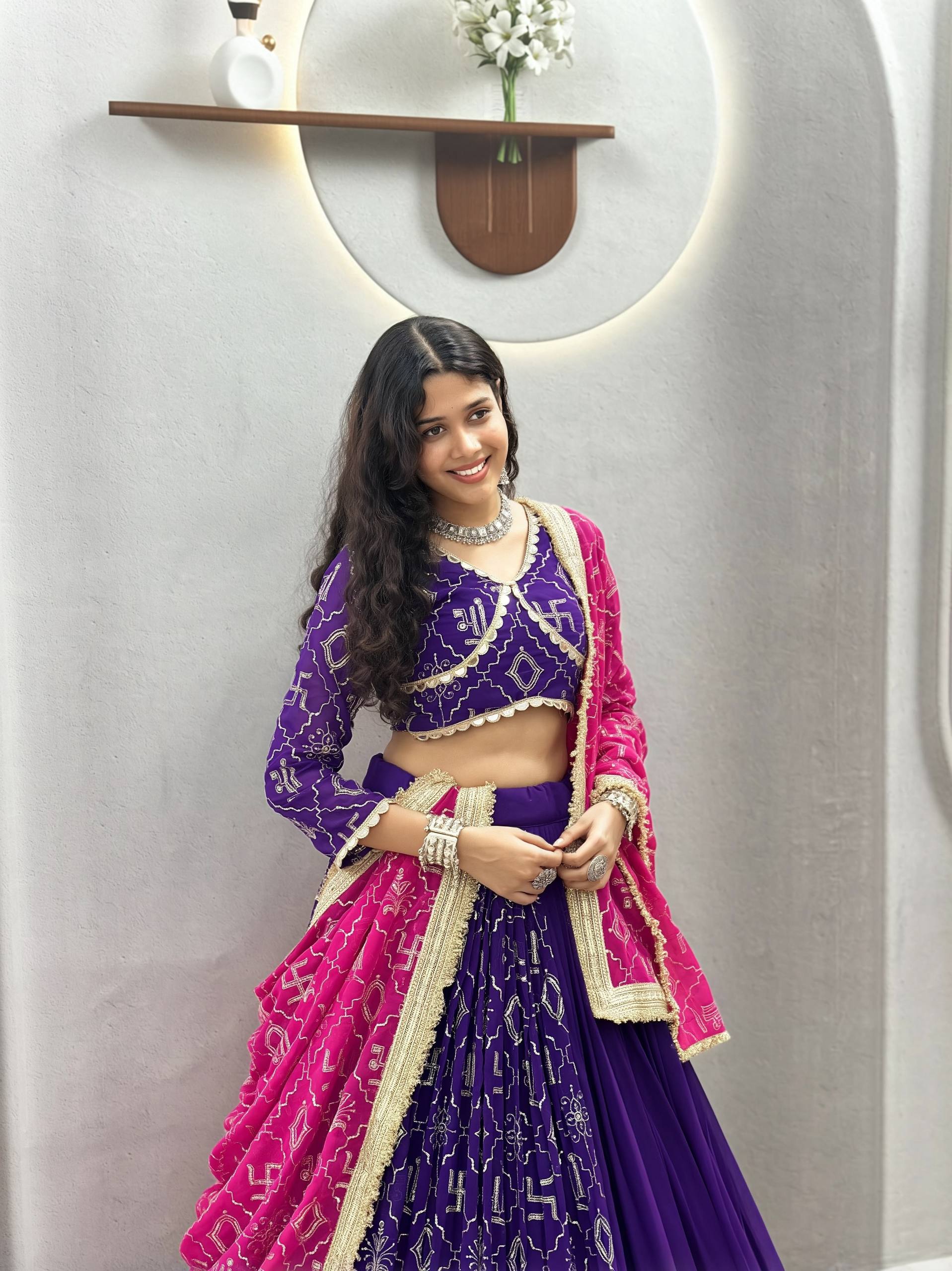 Royal Purple Navratri Lehenga Choli Set with Pink Dupatta & Mirror Lace Work