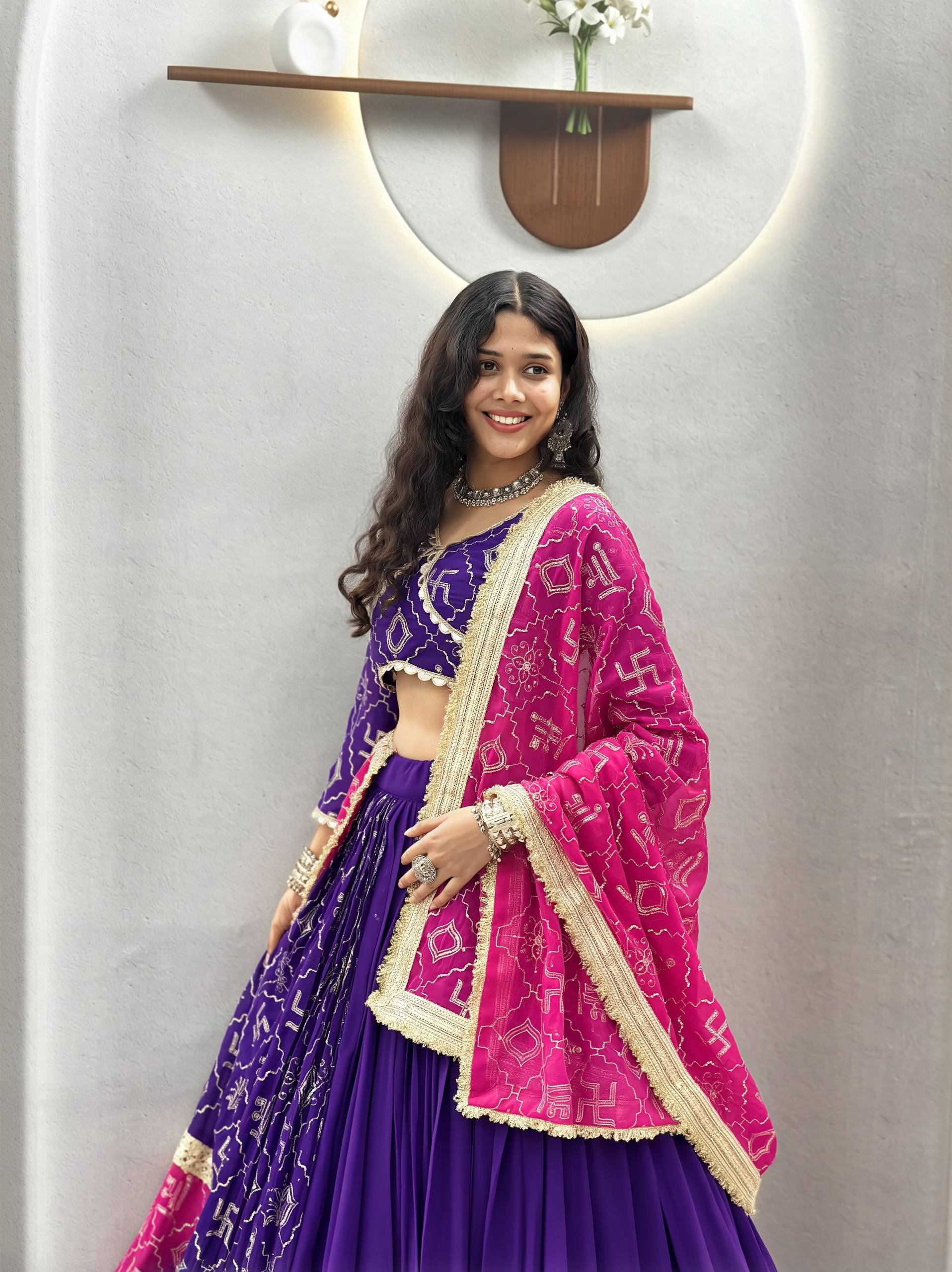 Royal Purple Navratri Lehenga Choli Set with Pink Dupatta & Mirror Lace Work