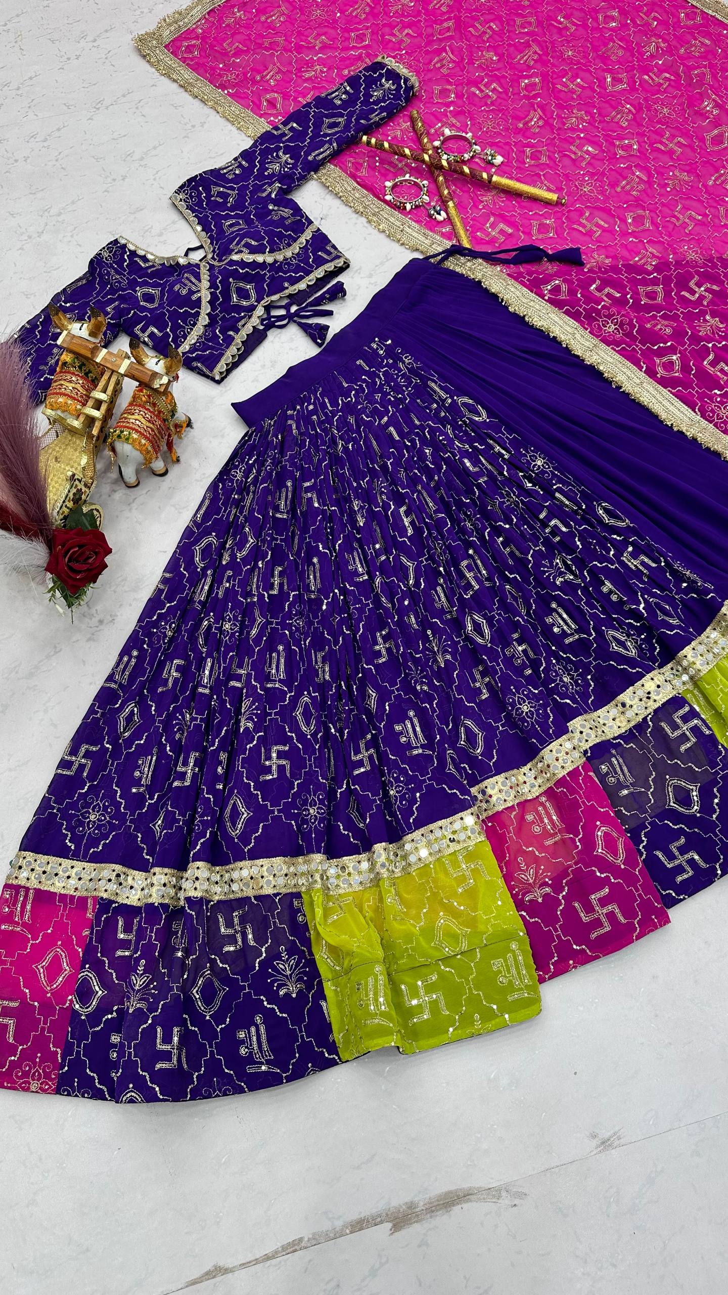 Royal Purple Navratri Lehenga Choli Set with Pink Dupatta & Mirror Lace Work