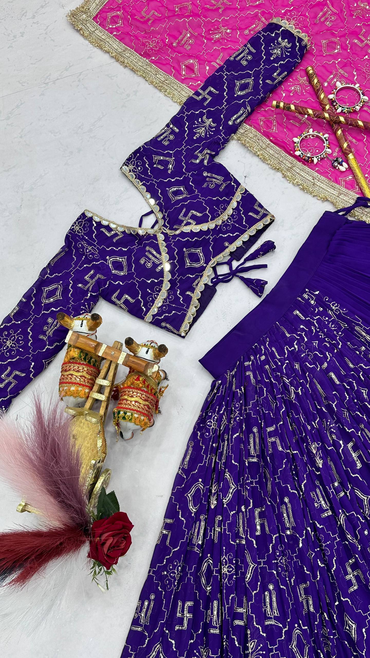 Royal Purple Navratri Lehenga Choli Set with Pink Dupatta & Mirror Lace Work