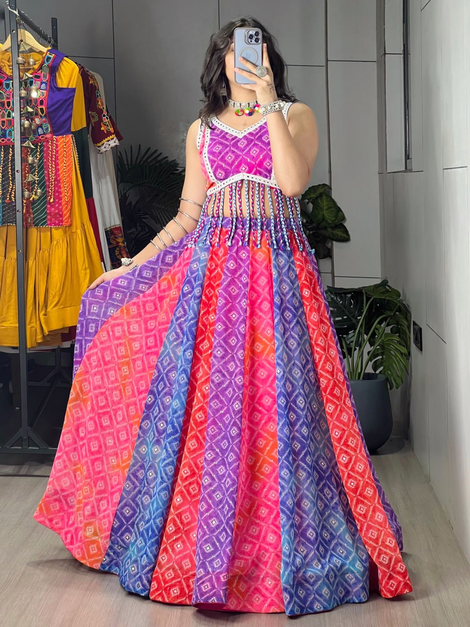 Tara Multicolor Bandhani Print Faux Fabric Navratri Lehenga Choli
