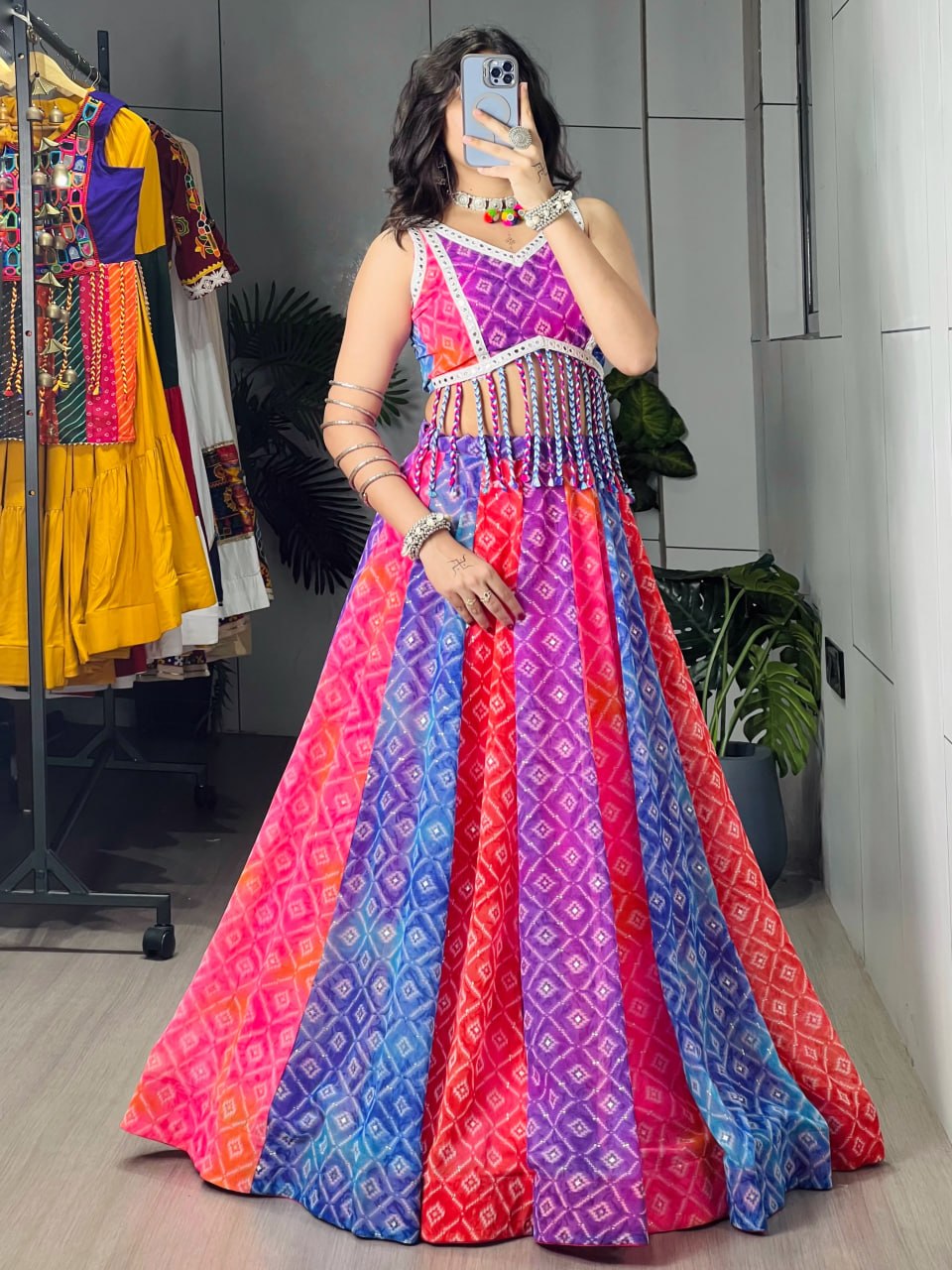 Tara Multicolor Bandhani Print Faux Fabric Navratri Lehenga Choli