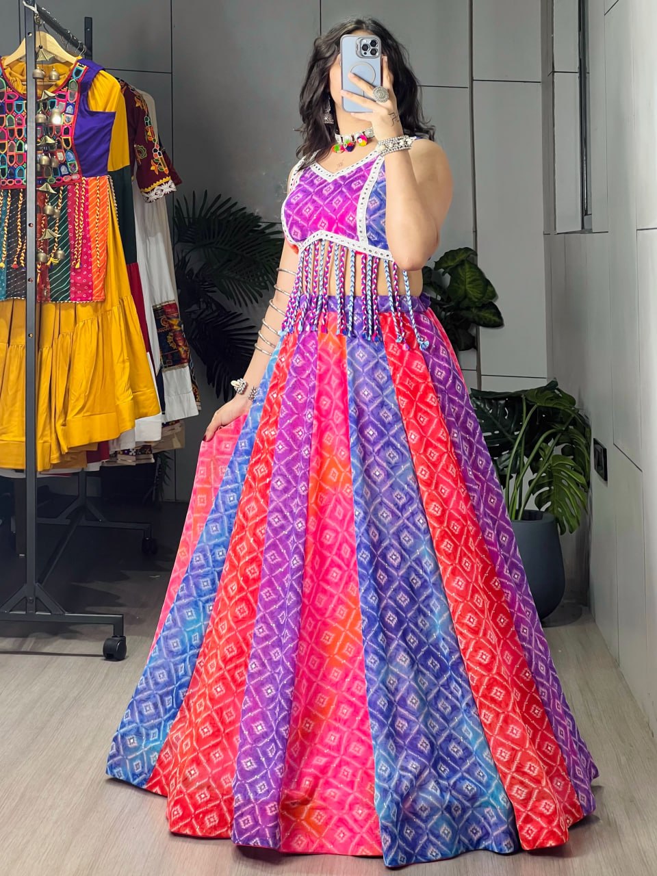 Tara Multicolor Bandhani Print Faux Fabric Navratri Lehenga Choli