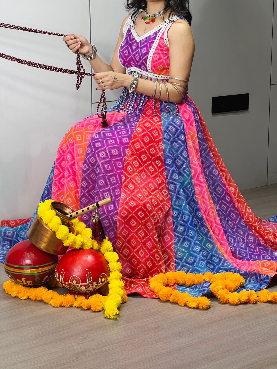 Tara Multicolor Bandhani Print Faux Fabric Navratri Lehenga Choli