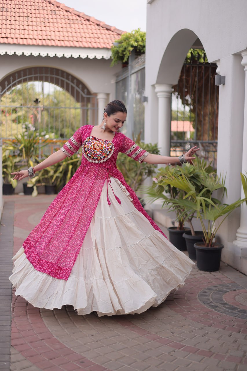Rani Pink Bandhani Print Kora Cotton Lehenga with Kutchi Patchwork Kurti