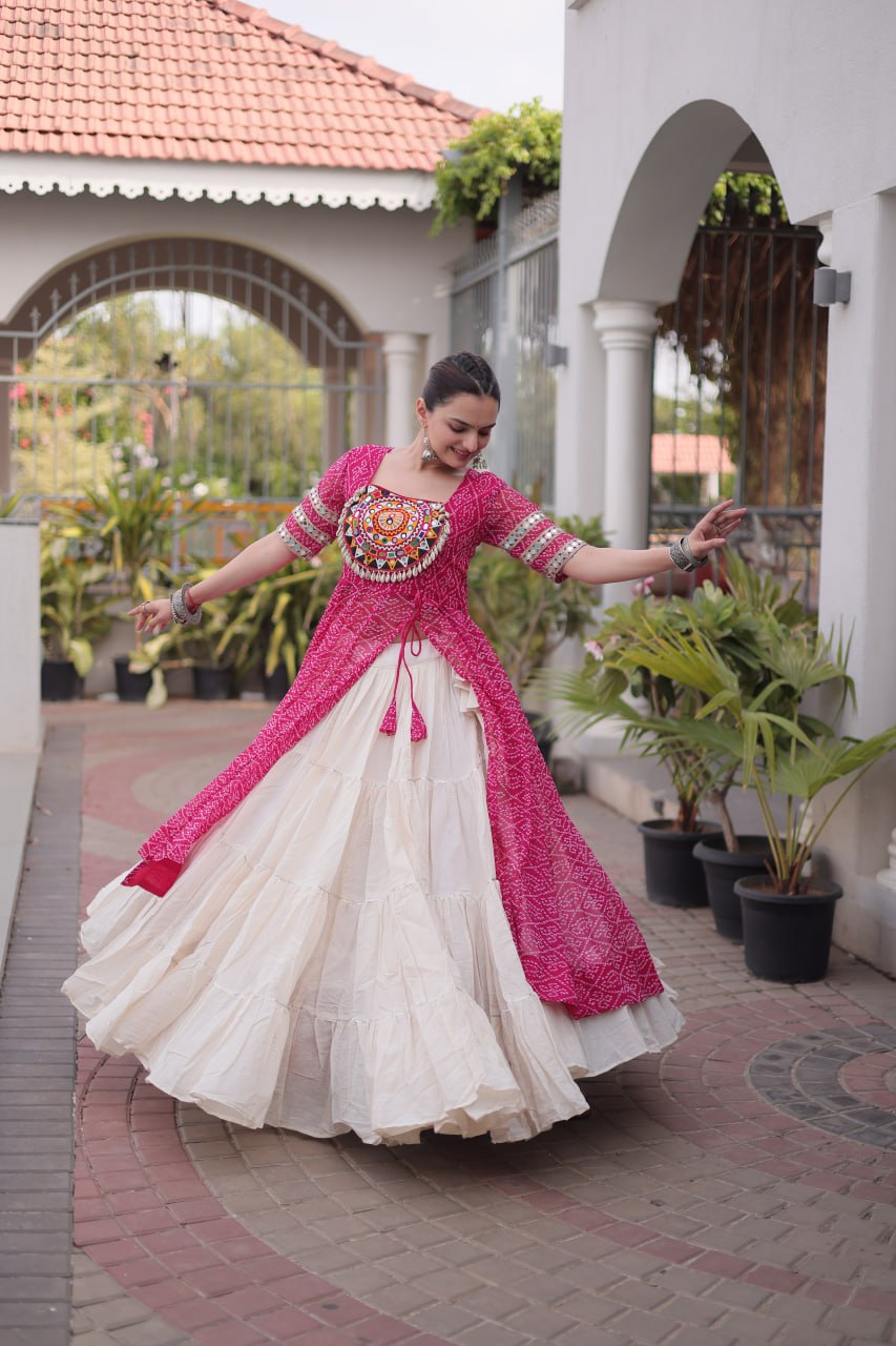 Rani Pink Bandhani Print Kora Cotton Lehenga with Kutchi Patchwork Kurti