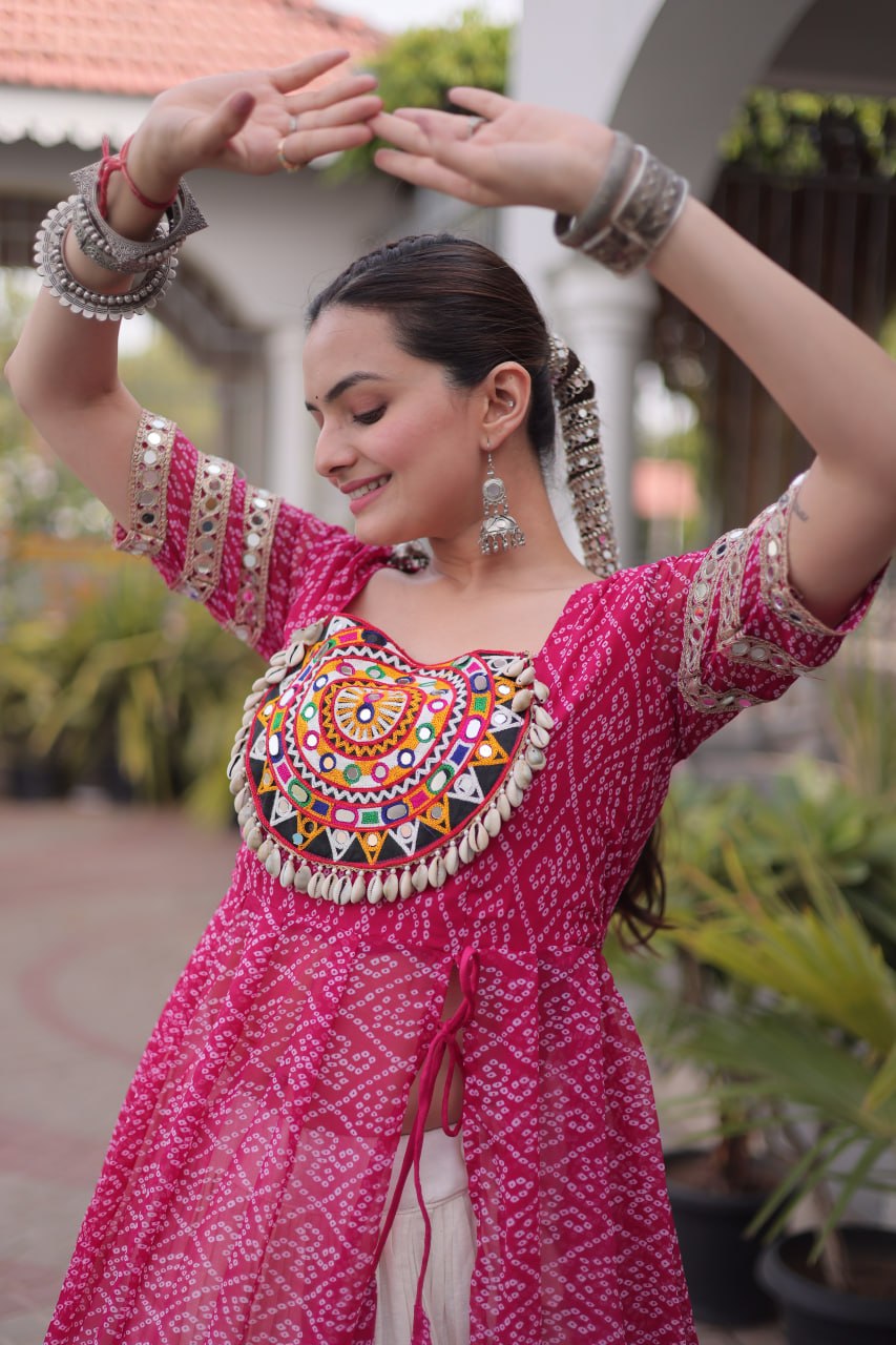 Rani Pink Bandhani Print Kora Cotton Lehenga with Kutchi Patchwork Kurti