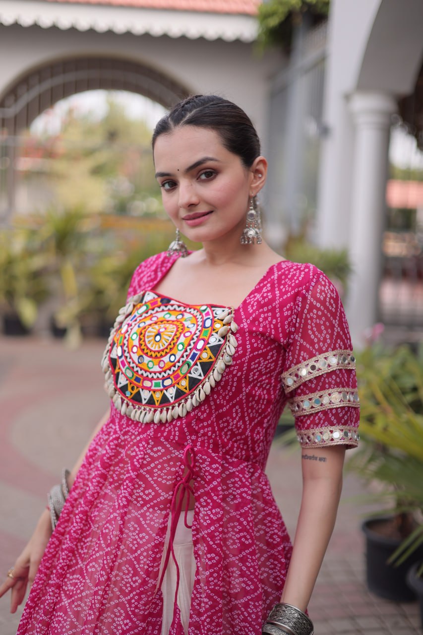 Rani Pink Bandhani Print Kora Cotton Lehenga with Kutchi Patchwork Kurti