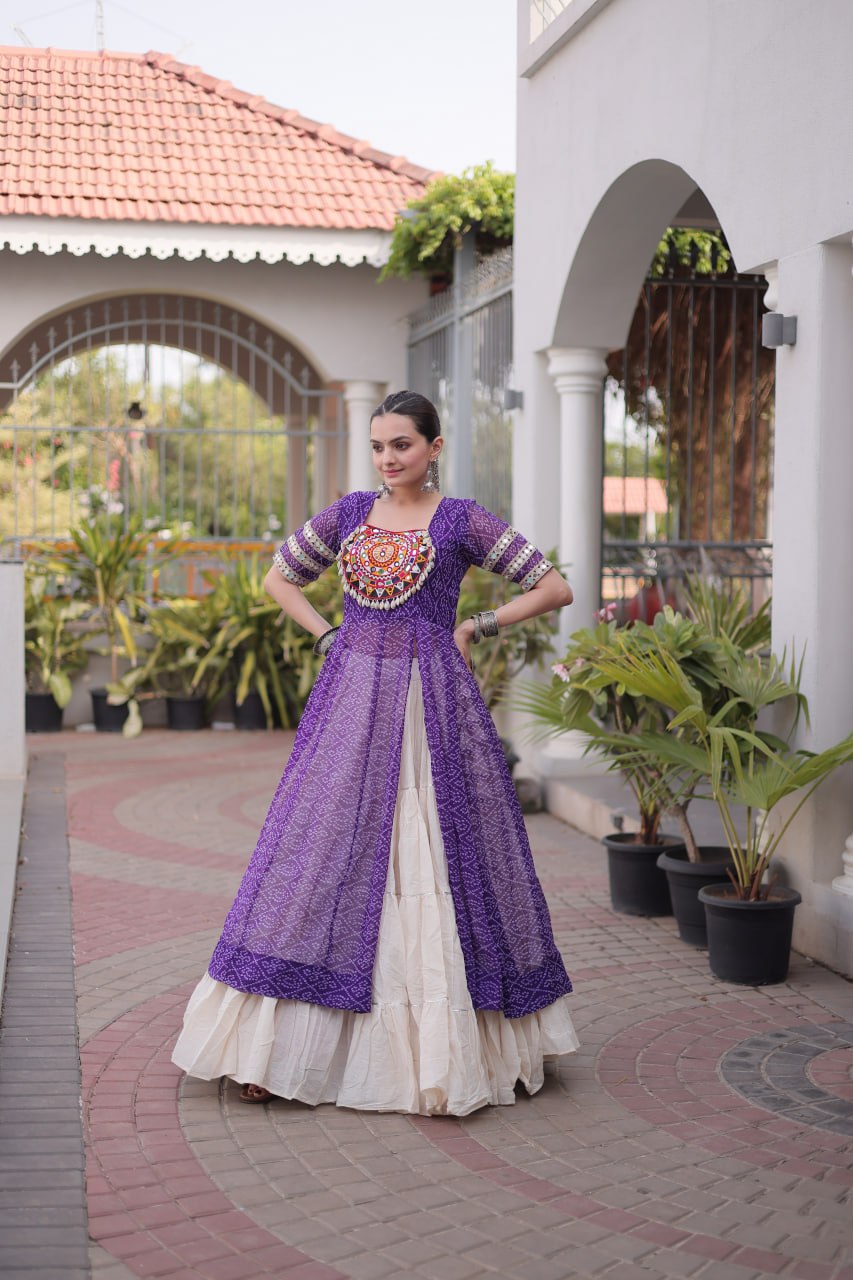 Royal Purple Bandhani Print Kora Cotton Lehenga with Kutchi Patchwork Kurti