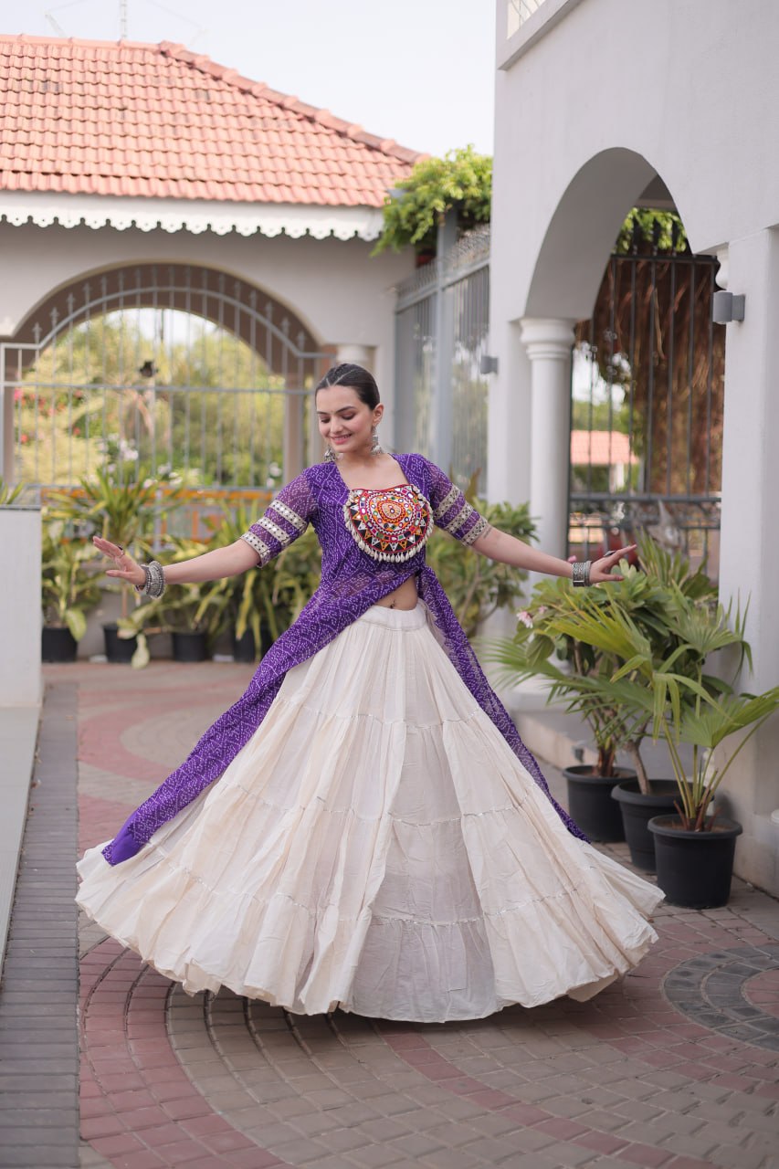 Royal Purple Bandhani Print Kora Cotton Lehenga with Kutchi Patchwork Kurti