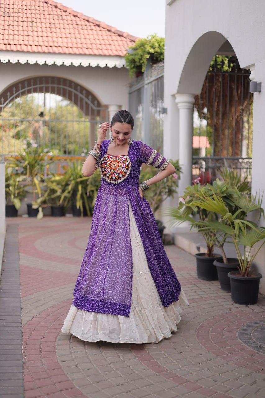 Royal Purple Bandhani Print Kora Cotton Lehenga with Kutchi Patchwork Kurti