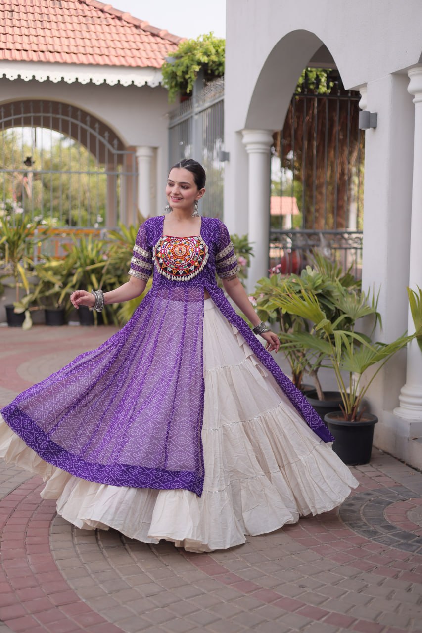 Royal Purple Bandhani Print Kora Cotton Lehenga with Kutchi Patchwork Kurti