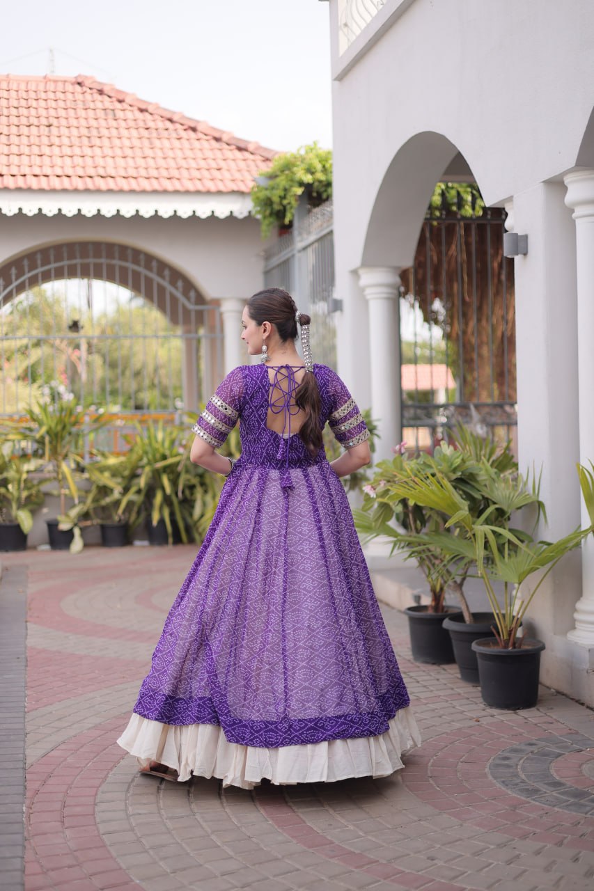 Royal Purple Bandhani Print Kora Cotton Lehenga with Kutchi Patchwork Kurti