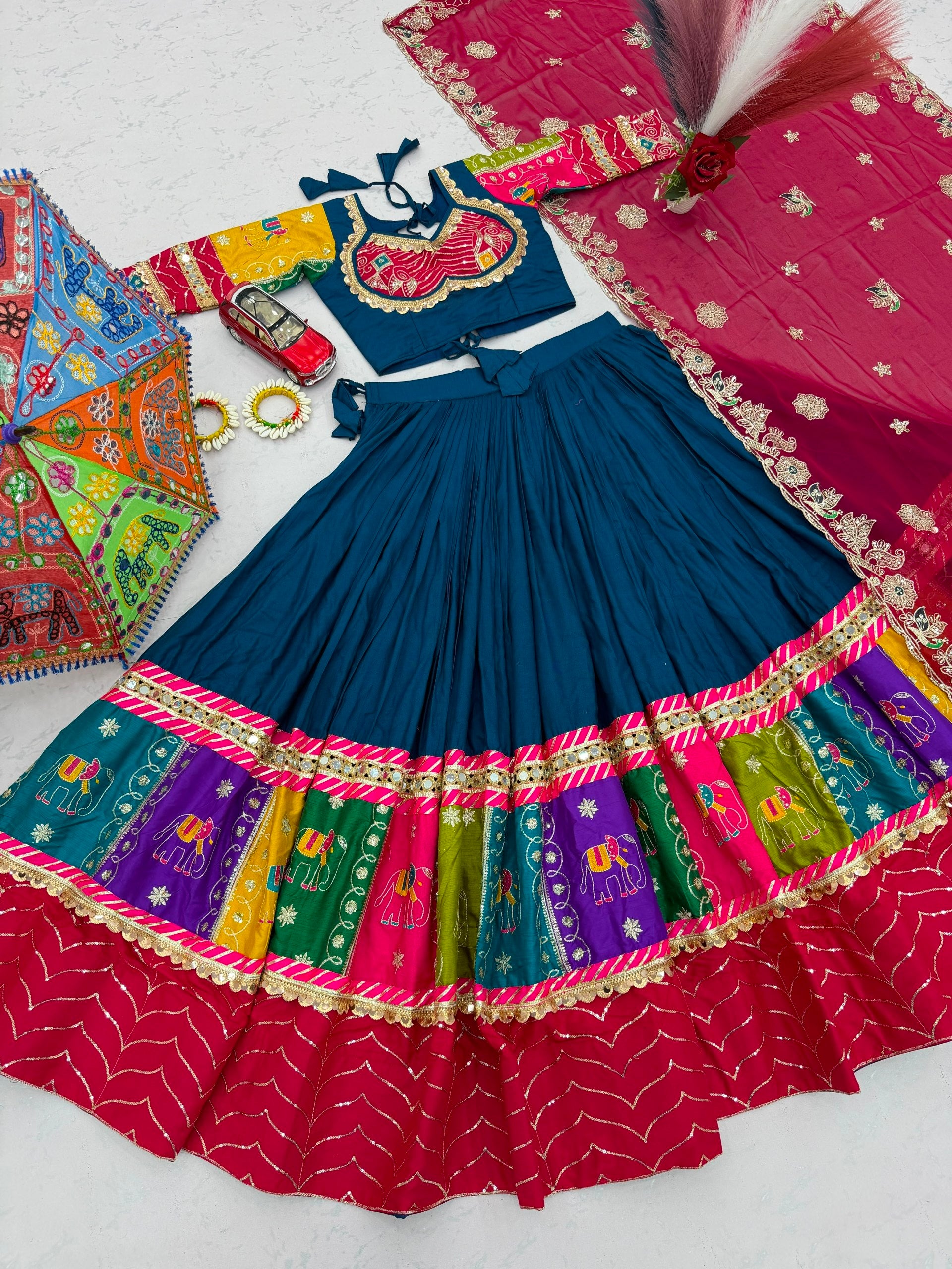 Teal Blue Multicolor Pure Cotton Navratri Lehenga Choli with Rani Pink Dupatta