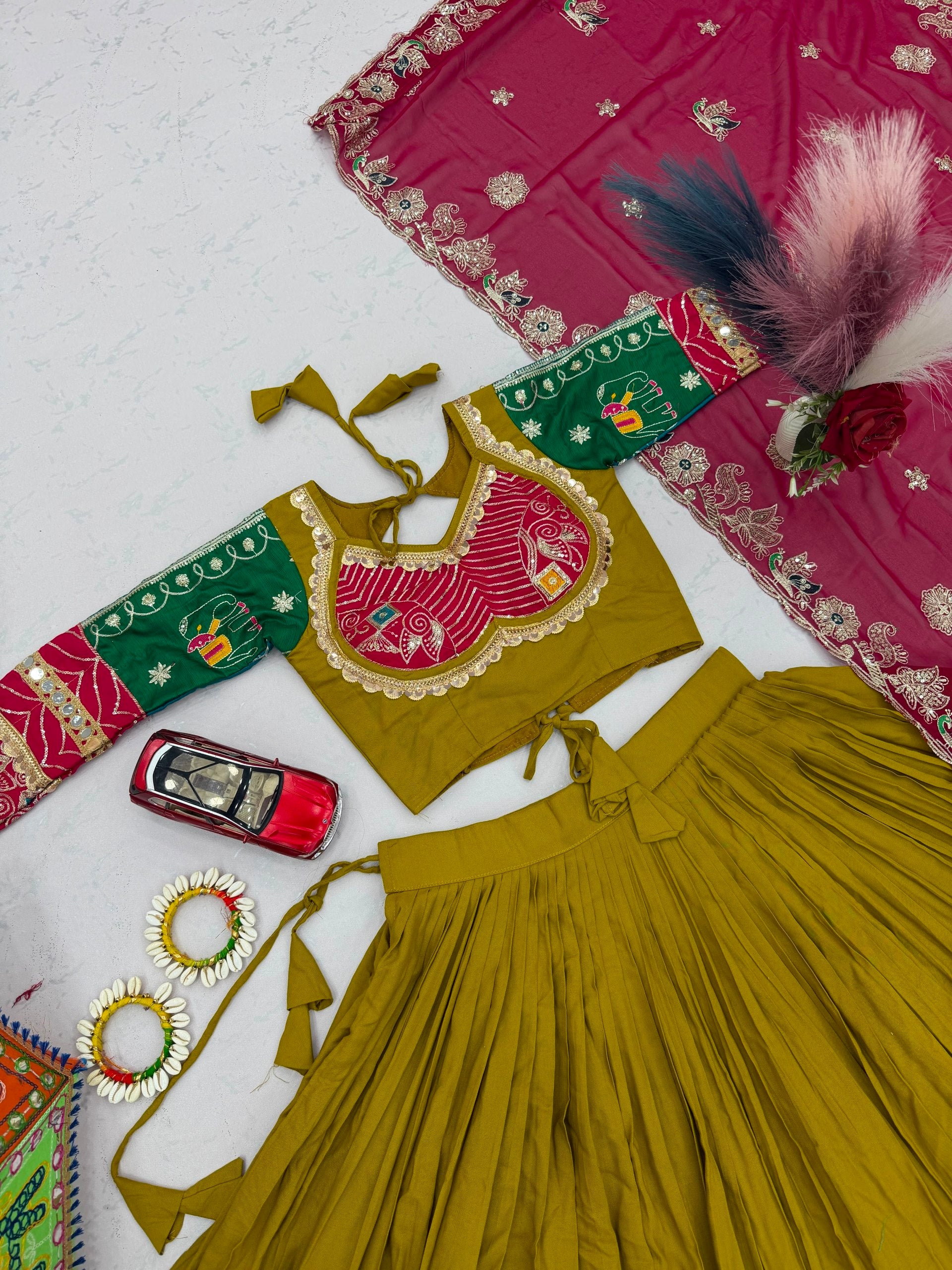 Olive Green Multicolor Pure Cotton Navratri Lehenga Choli with Pink Dupatta