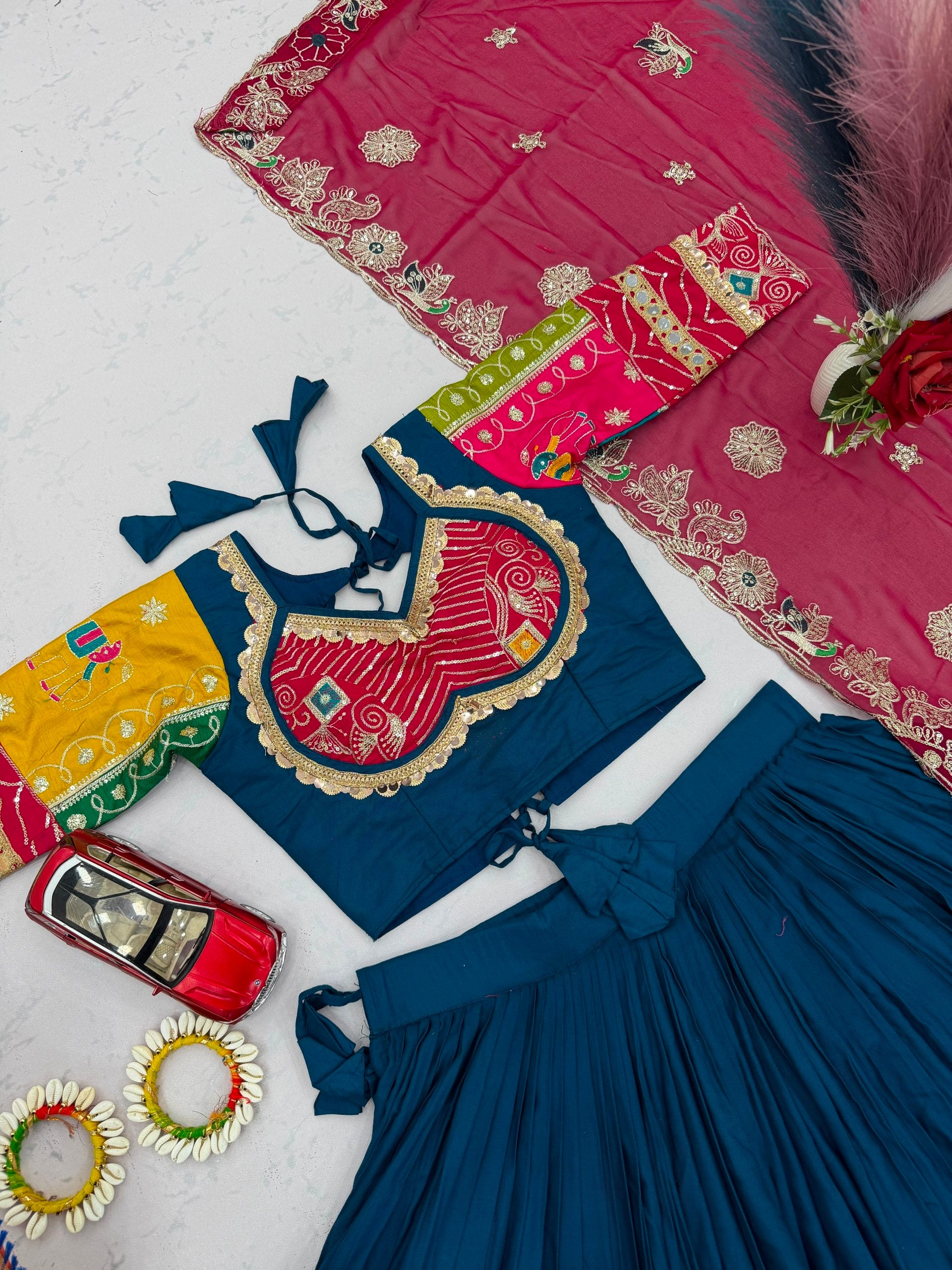 Teal Blue Multicolor Pure Cotton Navratri Lehenga Choli with Rani Pink Dupatta