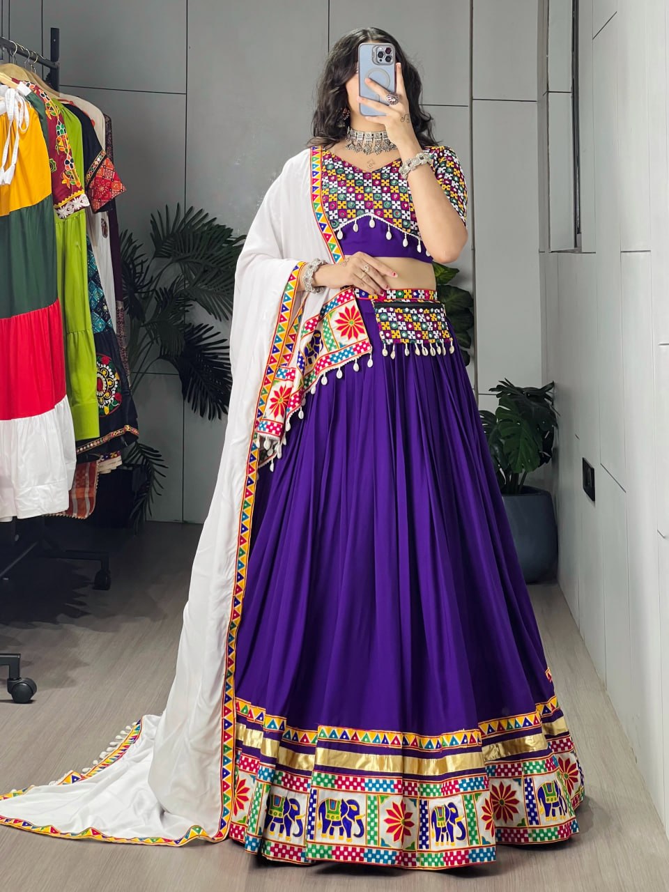 Royal Purple Pure Rayon Cotton Navratri Lehenga Choli Set with White Dupatta, Gamthi Embroidery & Mirror Work