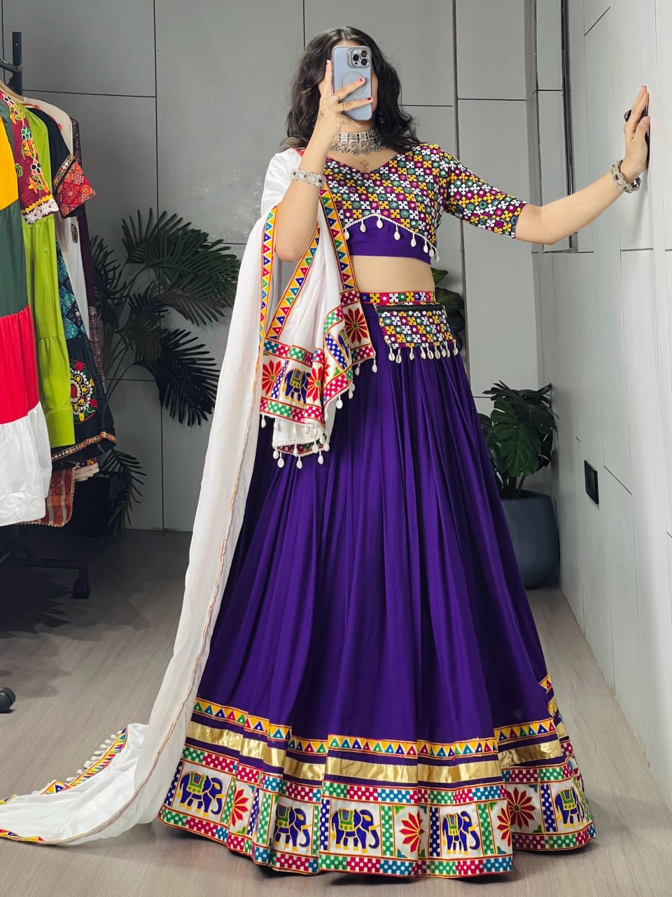 Royal Purple Pure Rayon Cotton Navratri Lehenga Choli Set with White Dupatta, Gamthi Embroidery & Mirror Work