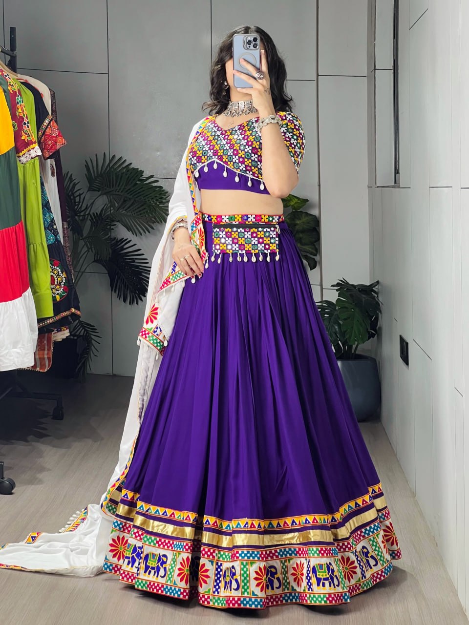 Royal Purple Pure Rayon Cotton Navratri Lehenga Choli Set with White Dupatta, Gamthi Embroidery & Mirror Work
