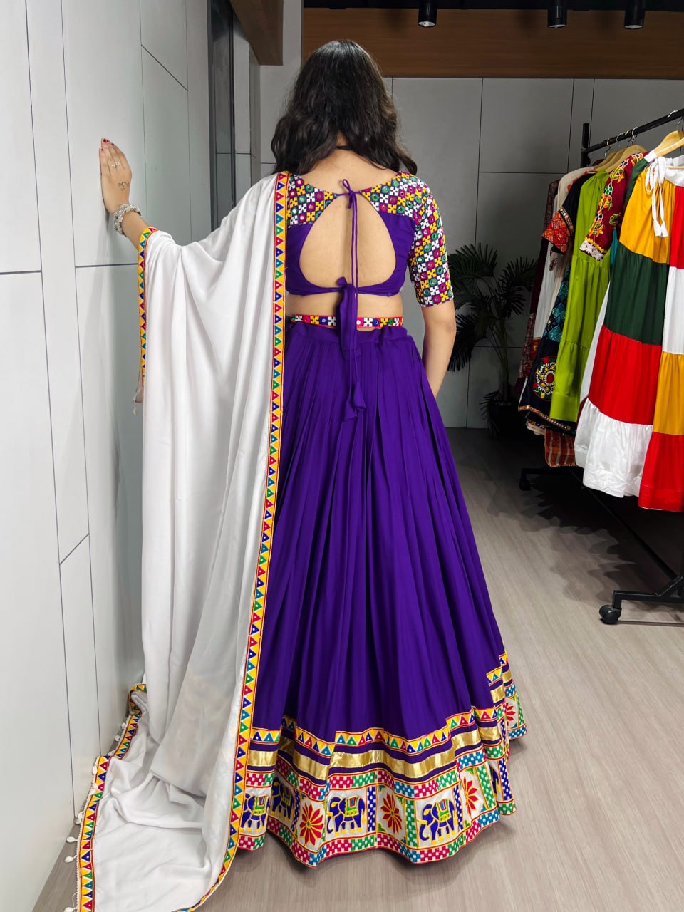 Royal Purple Pure Rayon Cotton Navratri Lehenga Choli Set with White Dupatta, Gamthi Embroidery & Mirror Work