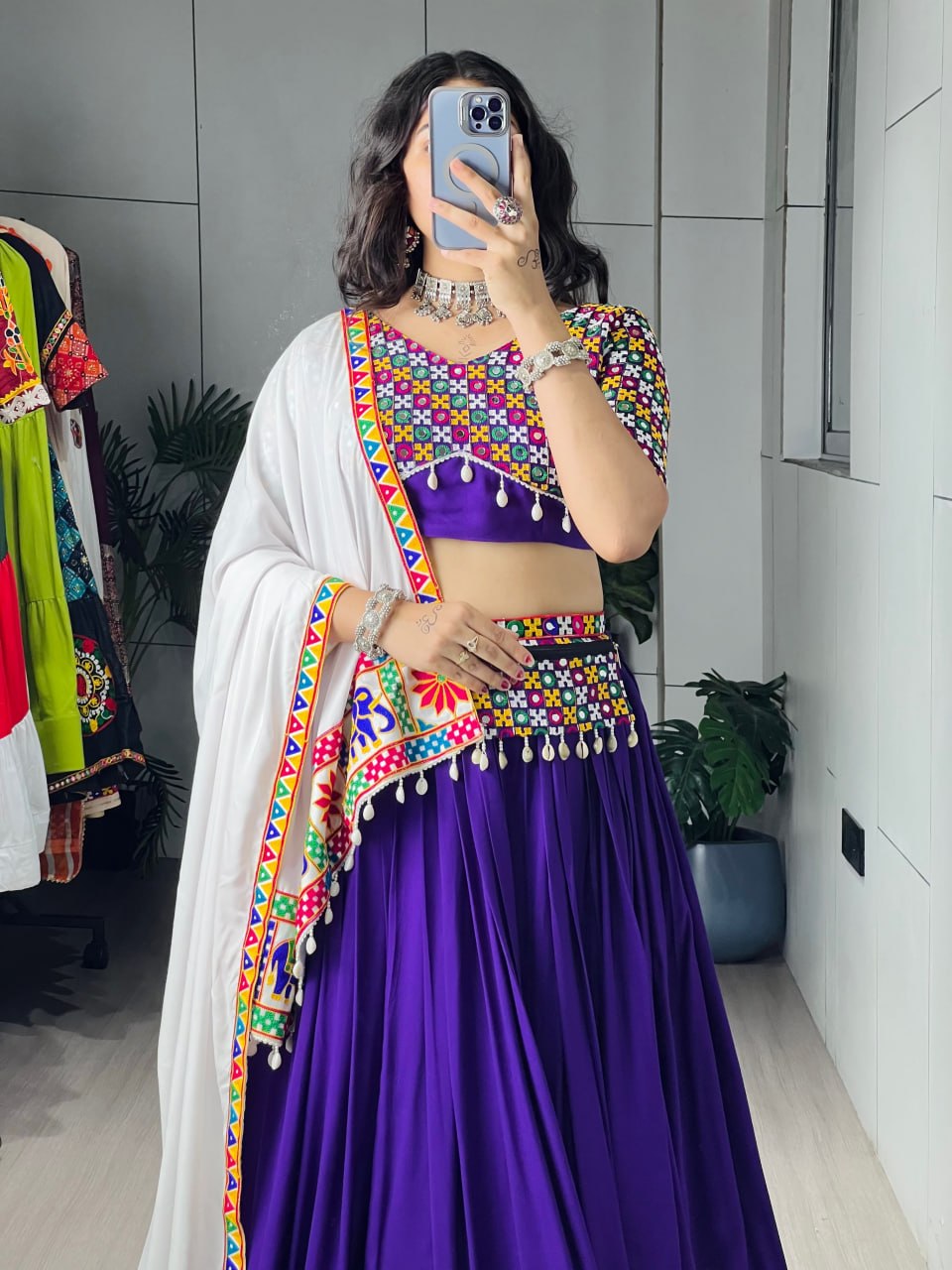 Royal Purple Pure Rayon Cotton Navratri Lehenga Choli Set with White Dupatta, Gamthi Embroidery & Mirror Work