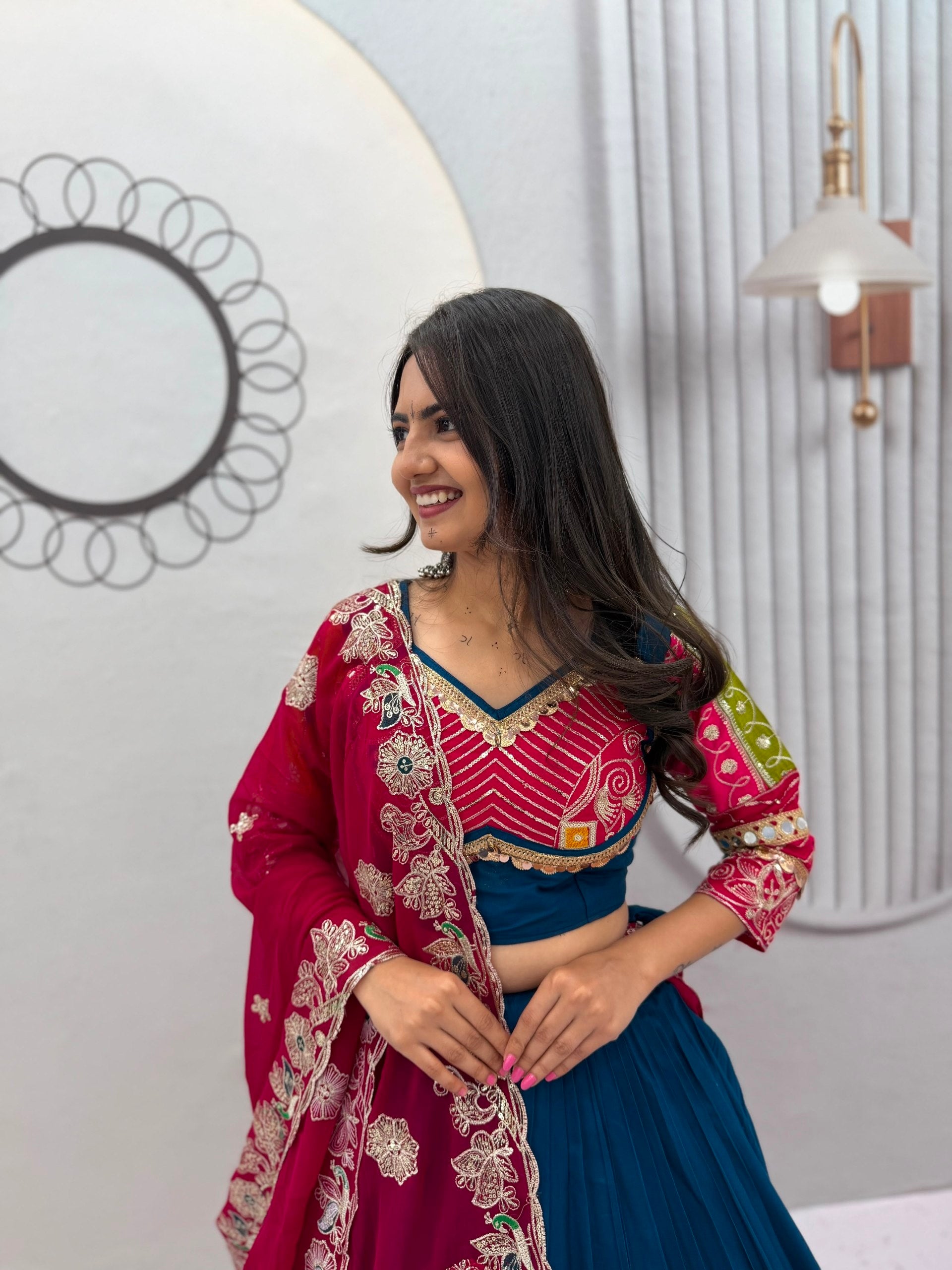 Teal Blue Multicolor Pure Cotton Navratri Lehenga Choli with Rani Pink Dupatta