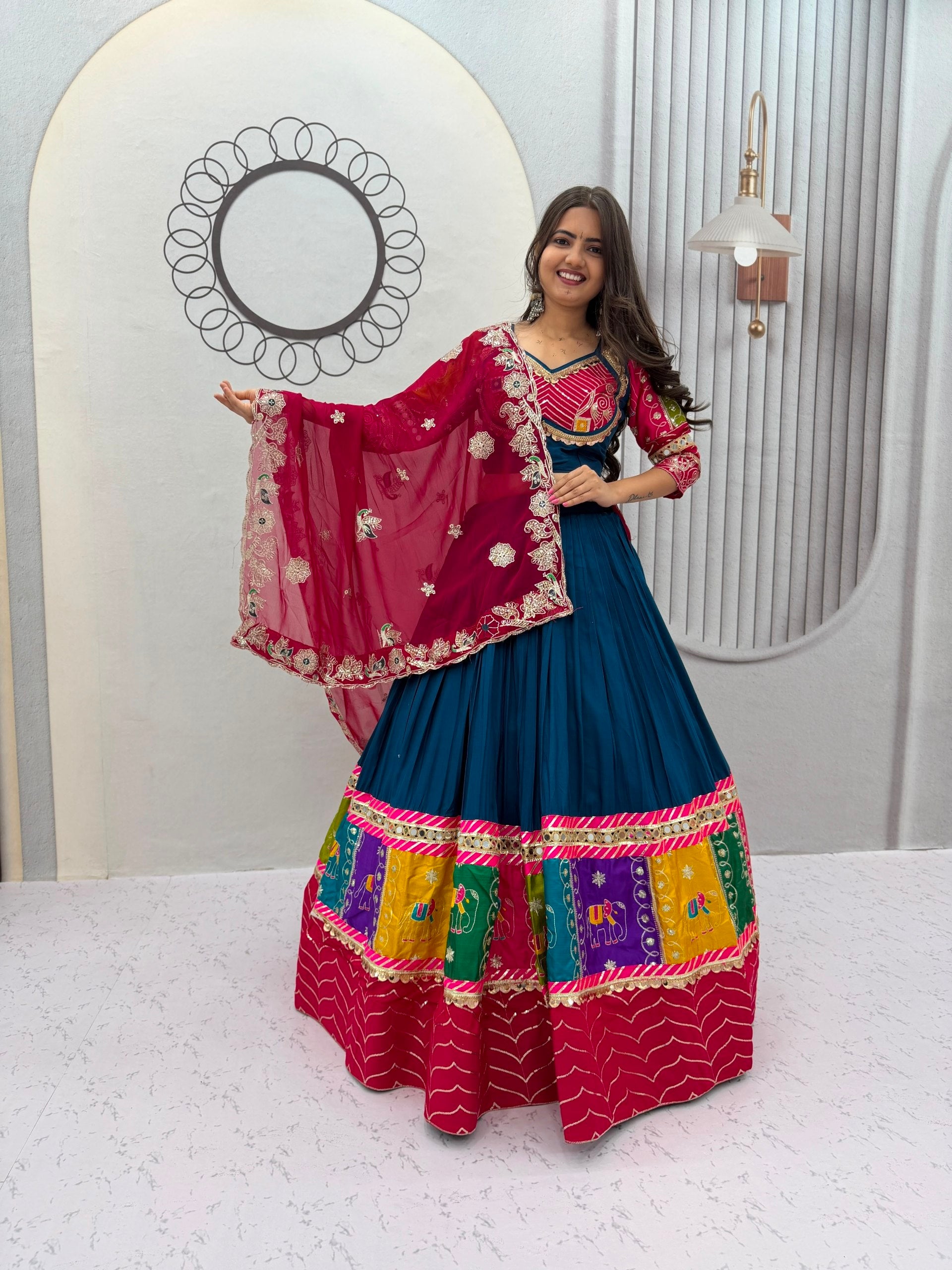 Teal Blue Multicolor Pure Cotton Navratri Lehenga Choli with Rani Pink Dupatta