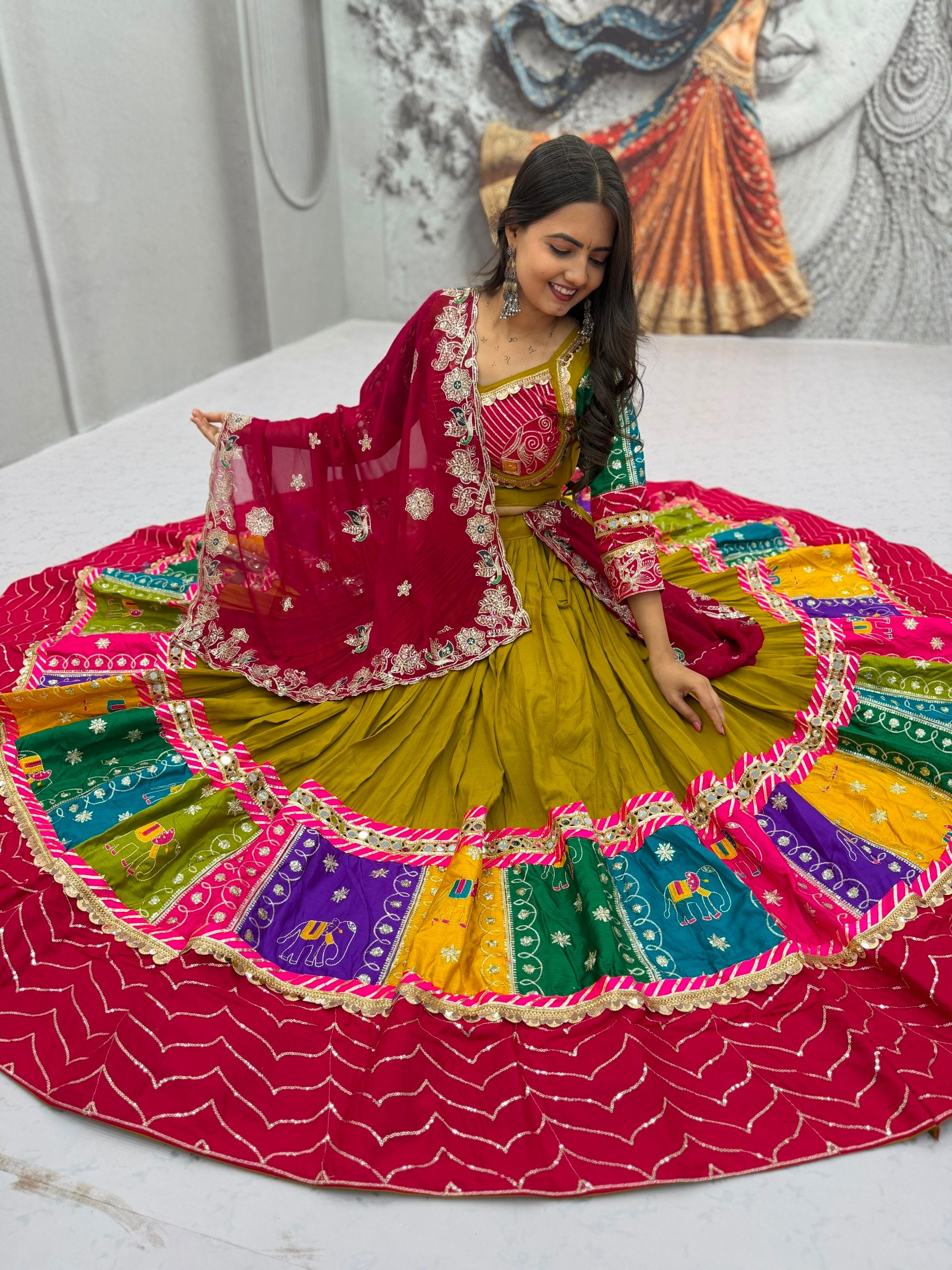 Olive Green Multicolor Pure Cotton Navratri Lehenga Choli with Pink Dupatta