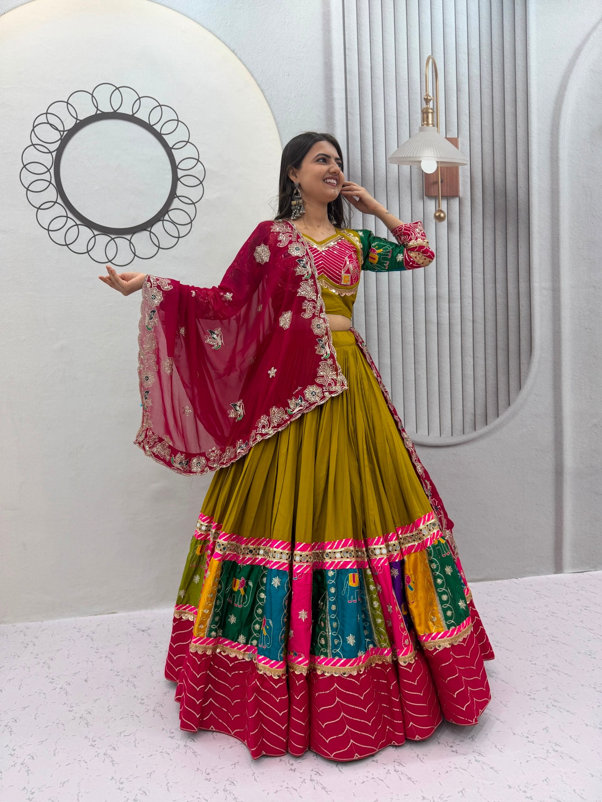 Olive Green Multicolor Pure Cotton Navratri Lehenga Choli with Pink Dupatta