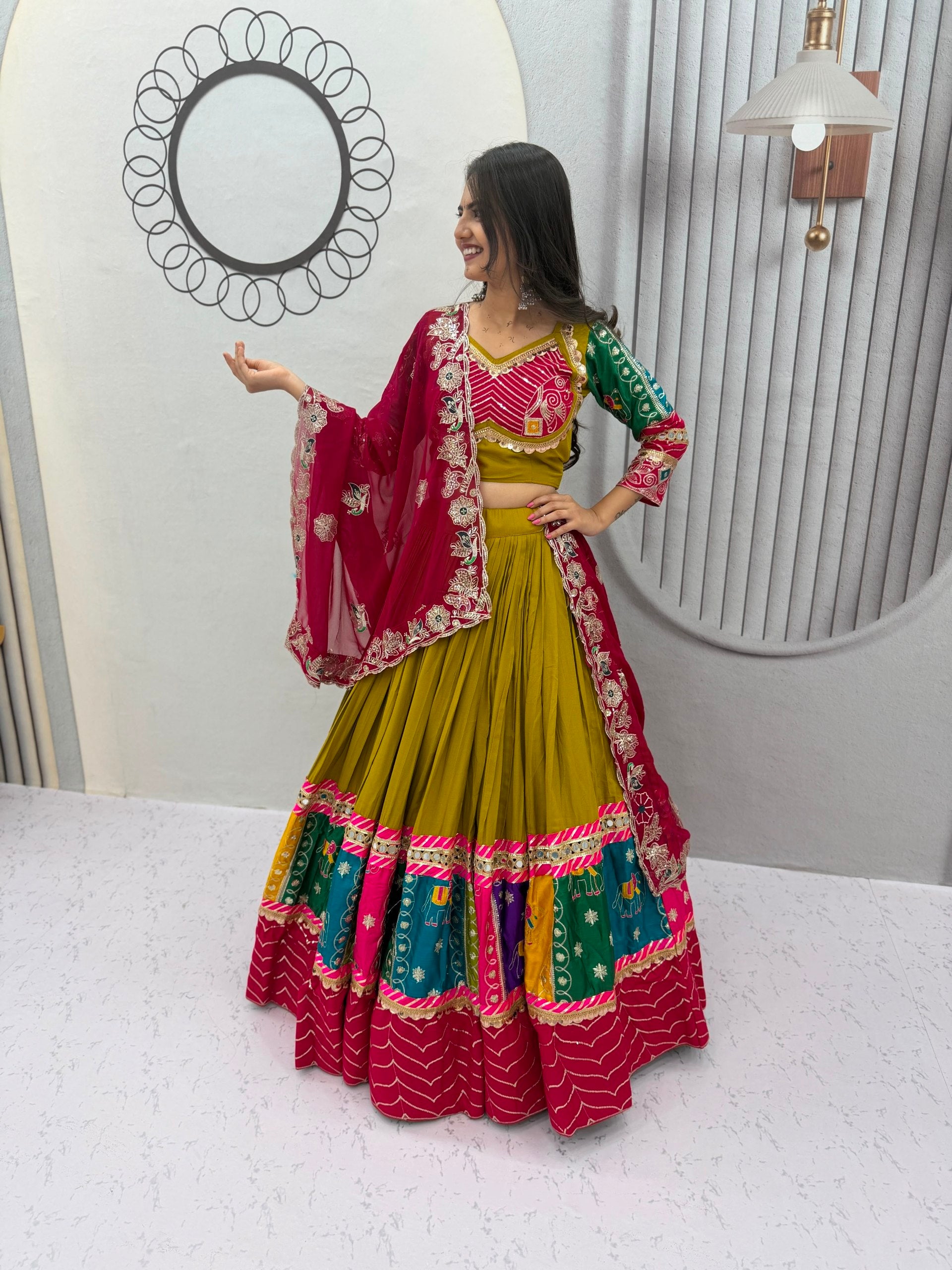 Olive Green Multicolor Pure Cotton Navratri Lehenga Choli with Pink Dupatta
