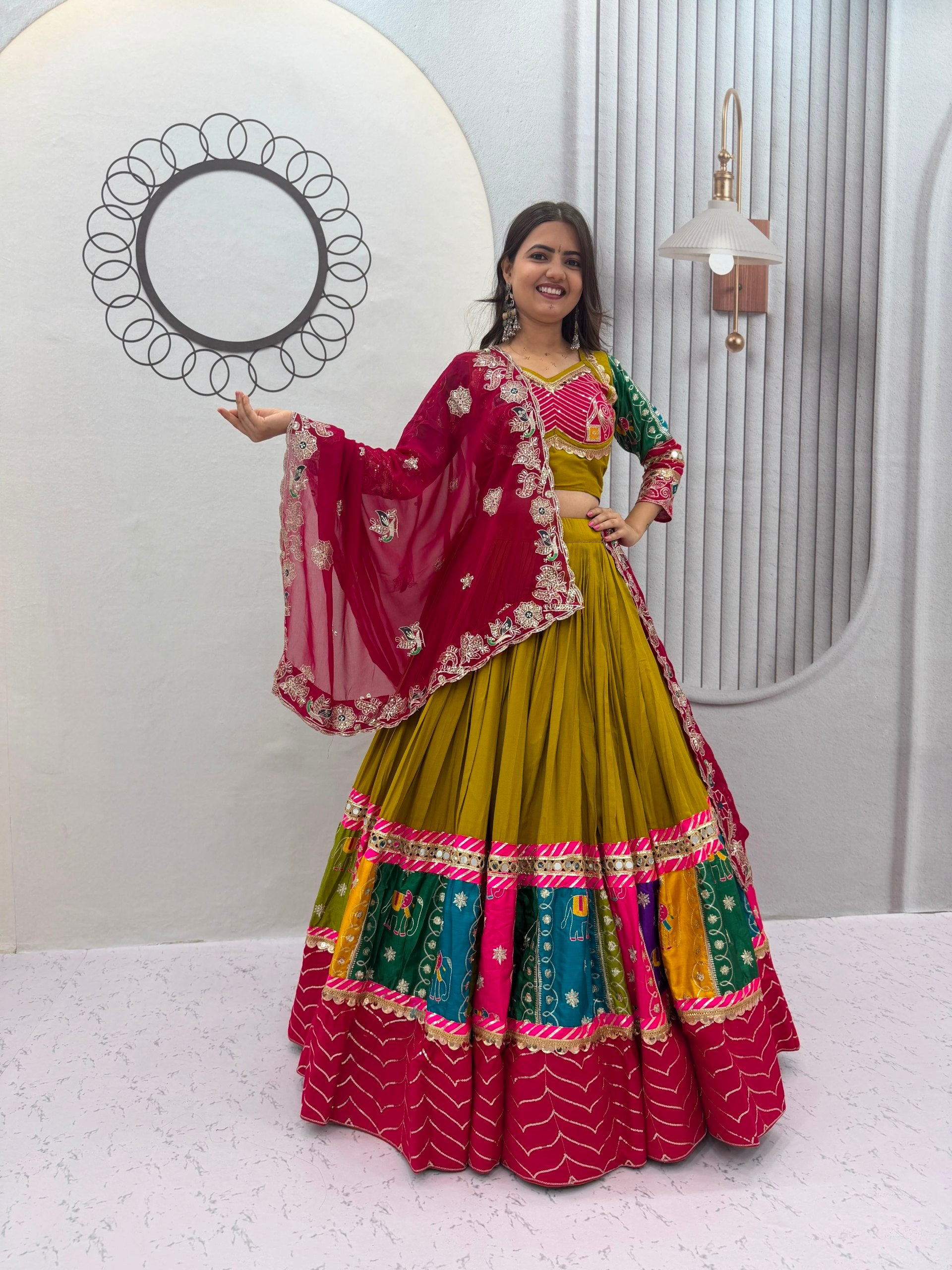 Olive Green Multicolor Pure Cotton Navratri Lehenga Choli with Pink Dupatta